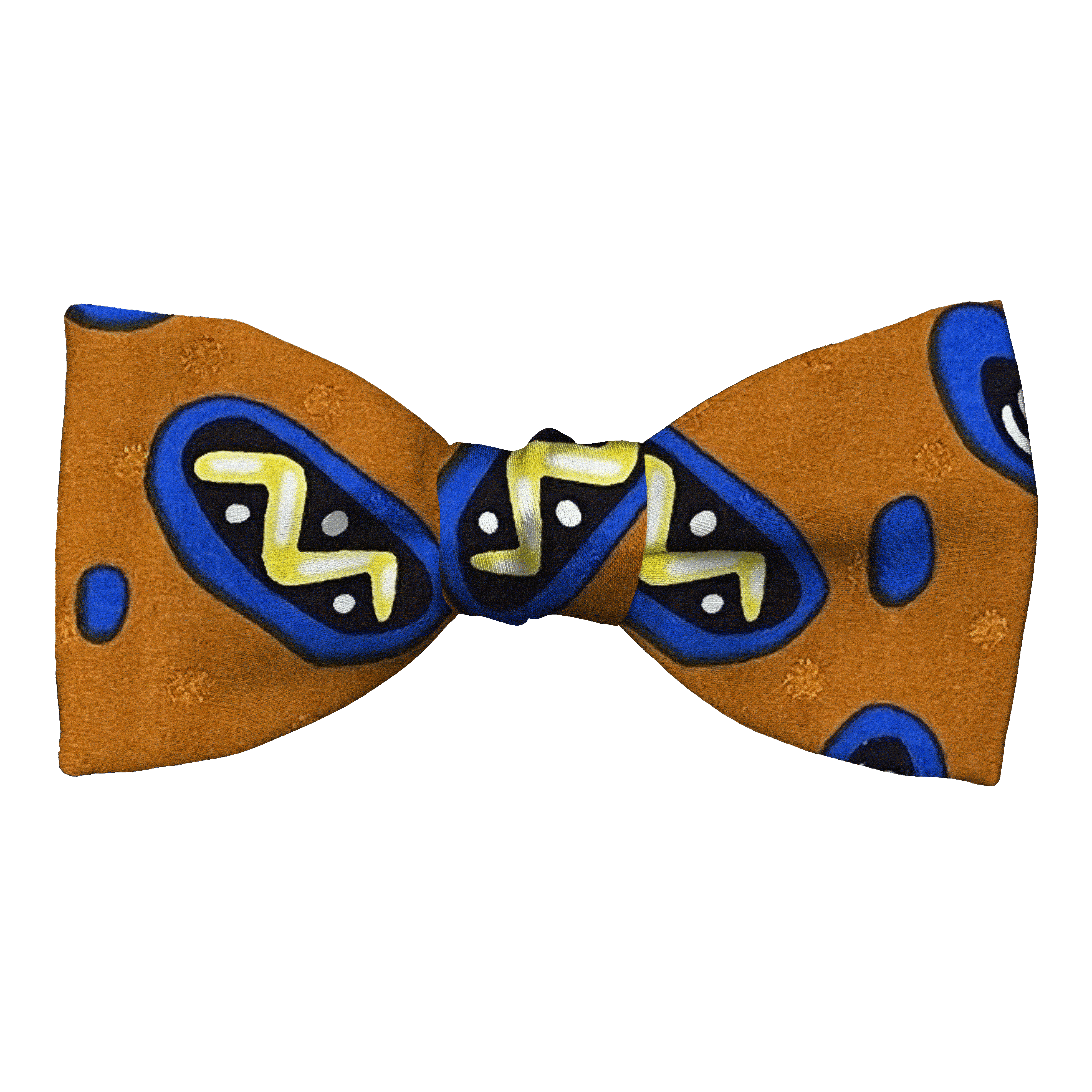 Schleife aus Seide, Form: gerade, Höhe: 50, Stoff: Phantasiemuster in gelb, schwarz und blau auf ocker (6055)
