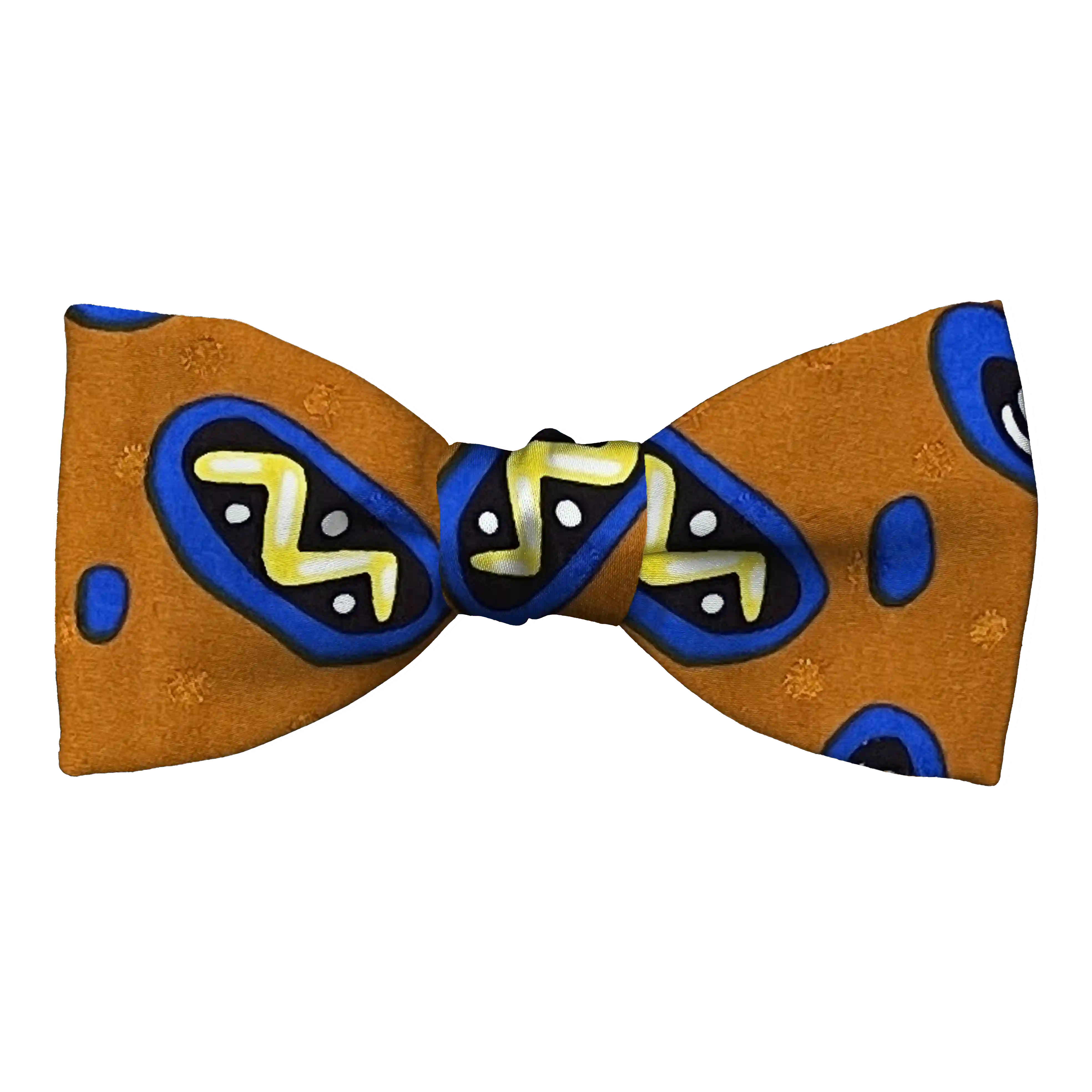 Schleife aus Seide, Form: gerade, Höhe: 50 mm, Stoff: Phantasiemuster in gelb, schwarz und blau auf ocker (6055)
