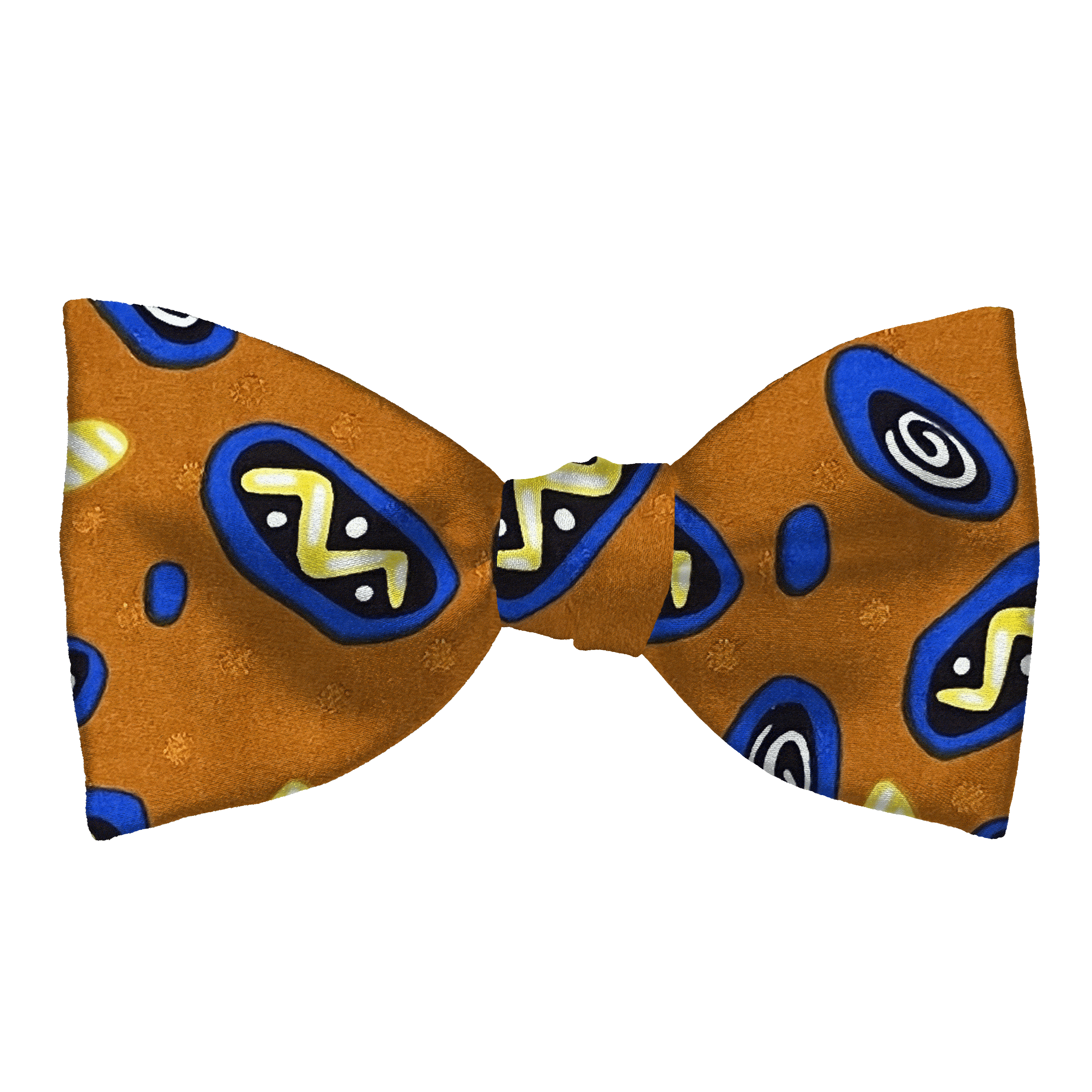 Schleife aus Seide, Form: gerade, Höhe: 65, Stoff: Phantasiemuster in gelb, schwarz und blau auf ocker (6055)