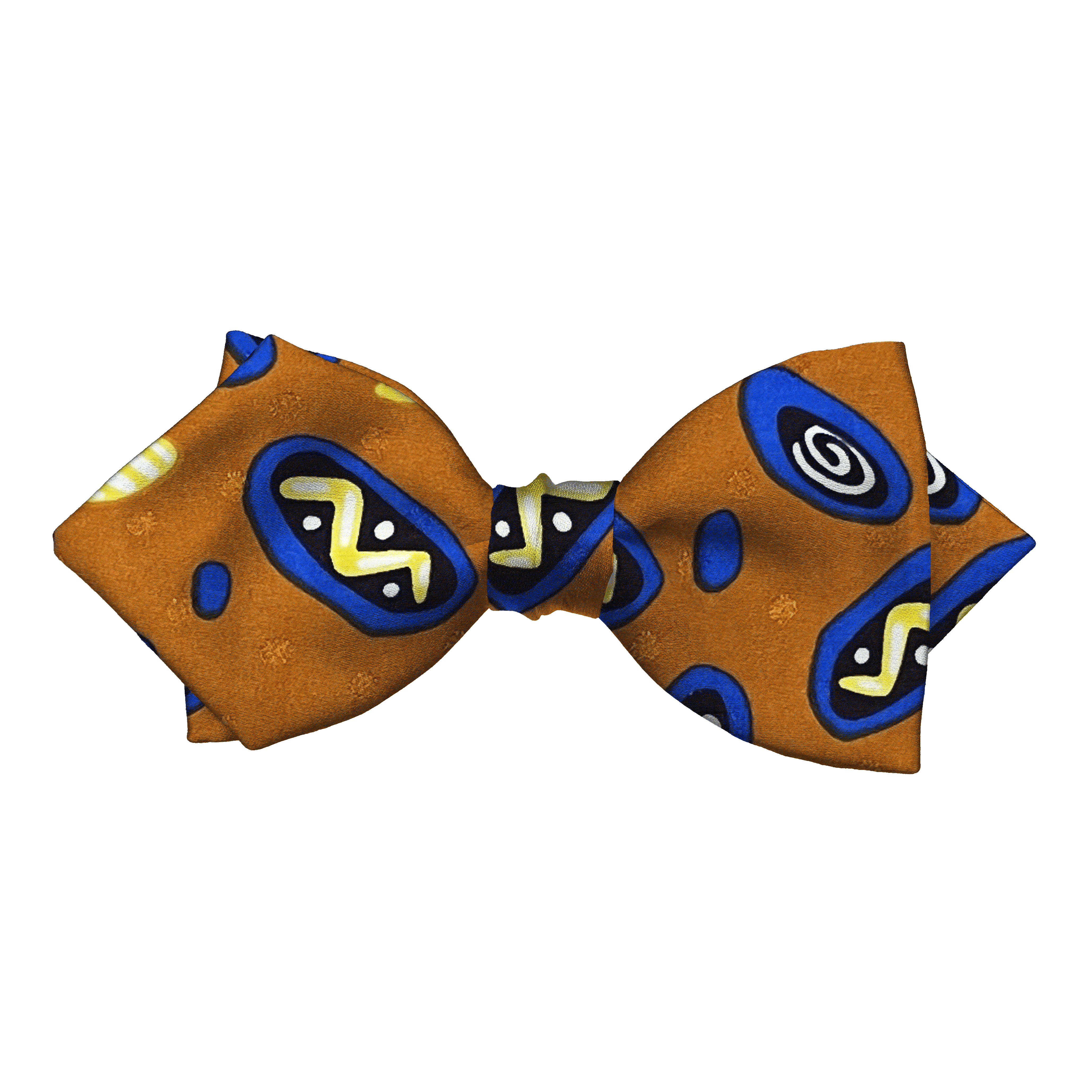 Schleife aus Seide, Form: spitz, Höhe: 60, Stoff: Phantasiemuster in gelb, schwarz und blau auf ocker (6055)