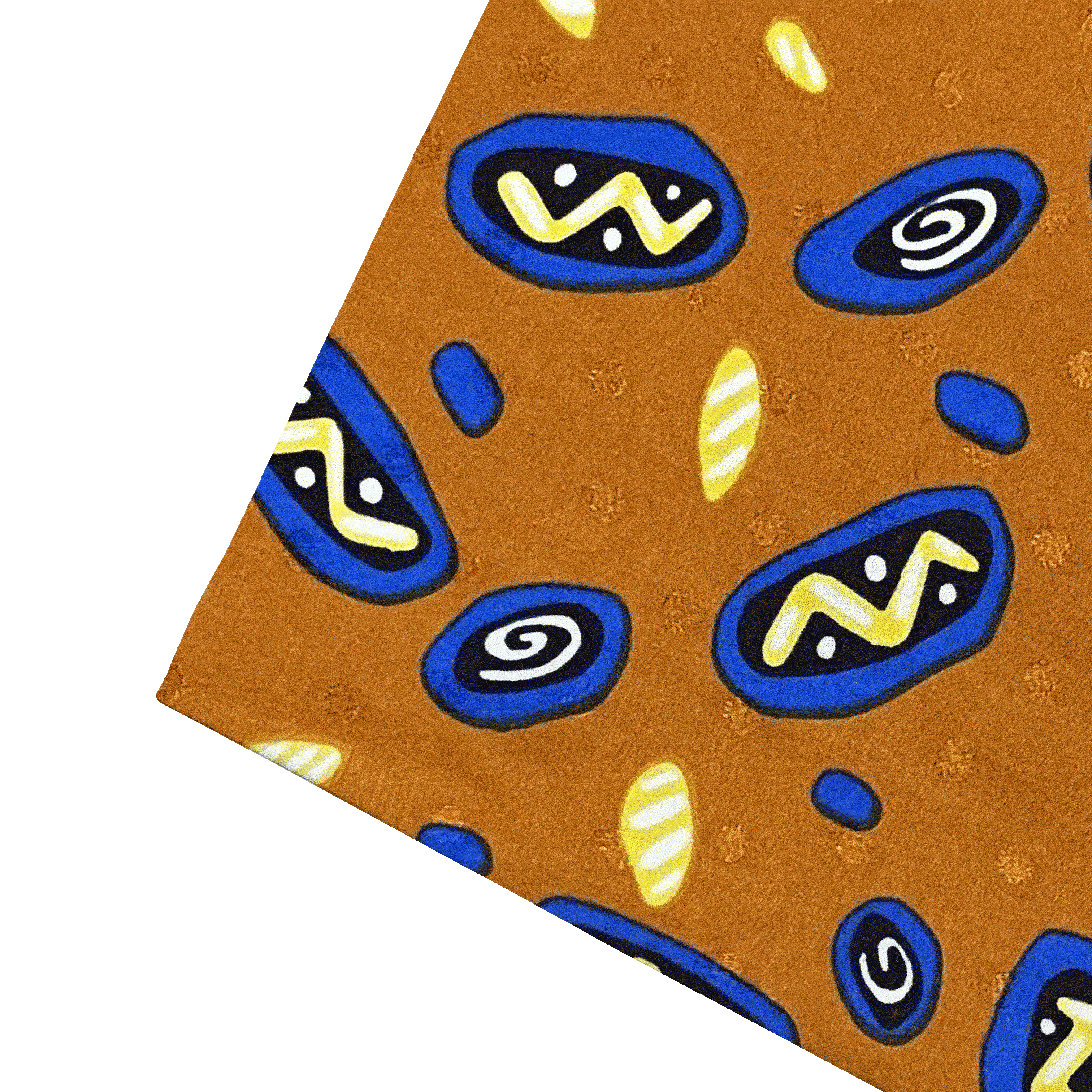 Ziertuch aus Seide, 30 x 30 cm, Stoff: Phantasiemuster in gelb, schwarz und blau auf ocker (6055)