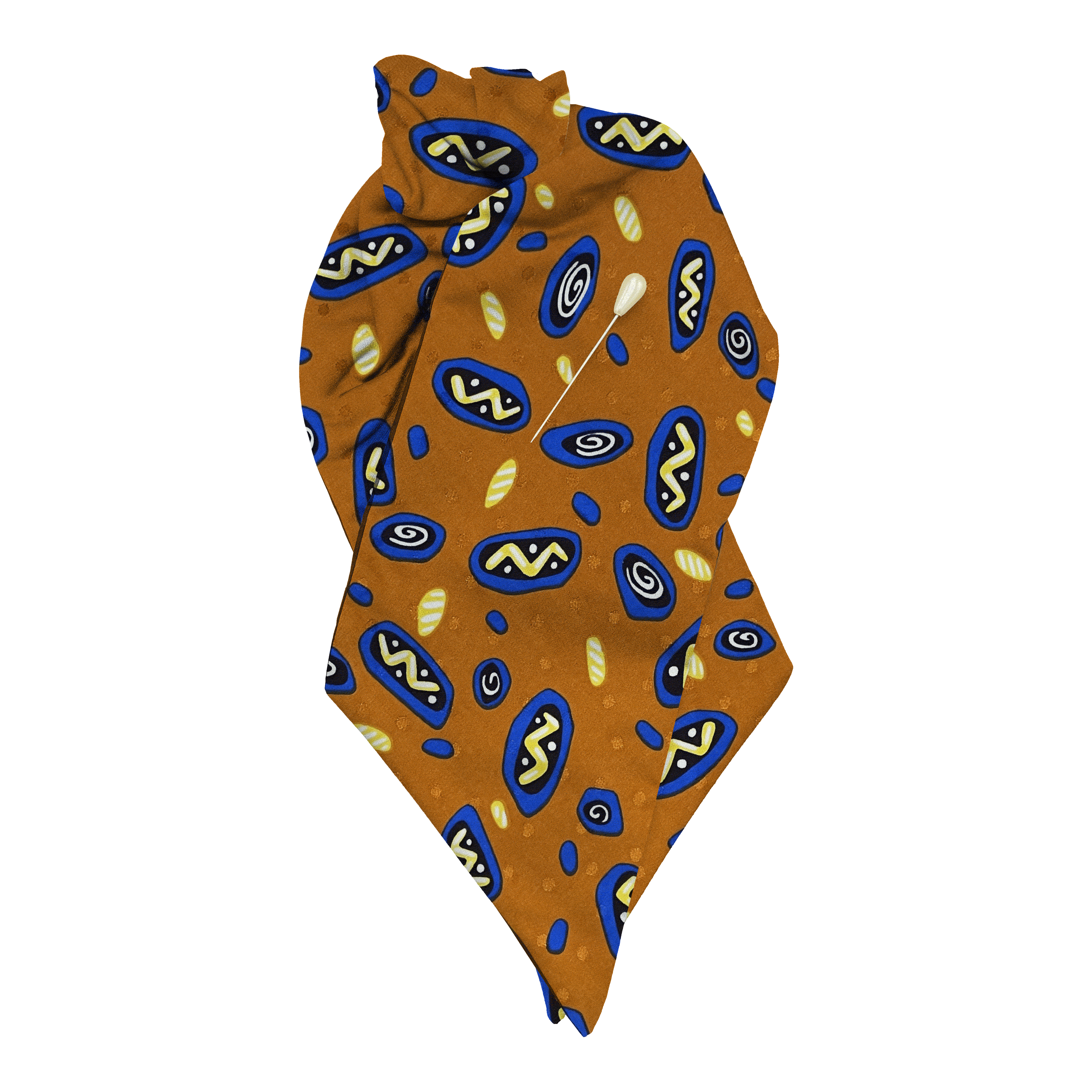 Plastron aus Seide, Stoff: Phantasiemuster in gelb, schwarz und blau auf ocker (6055)