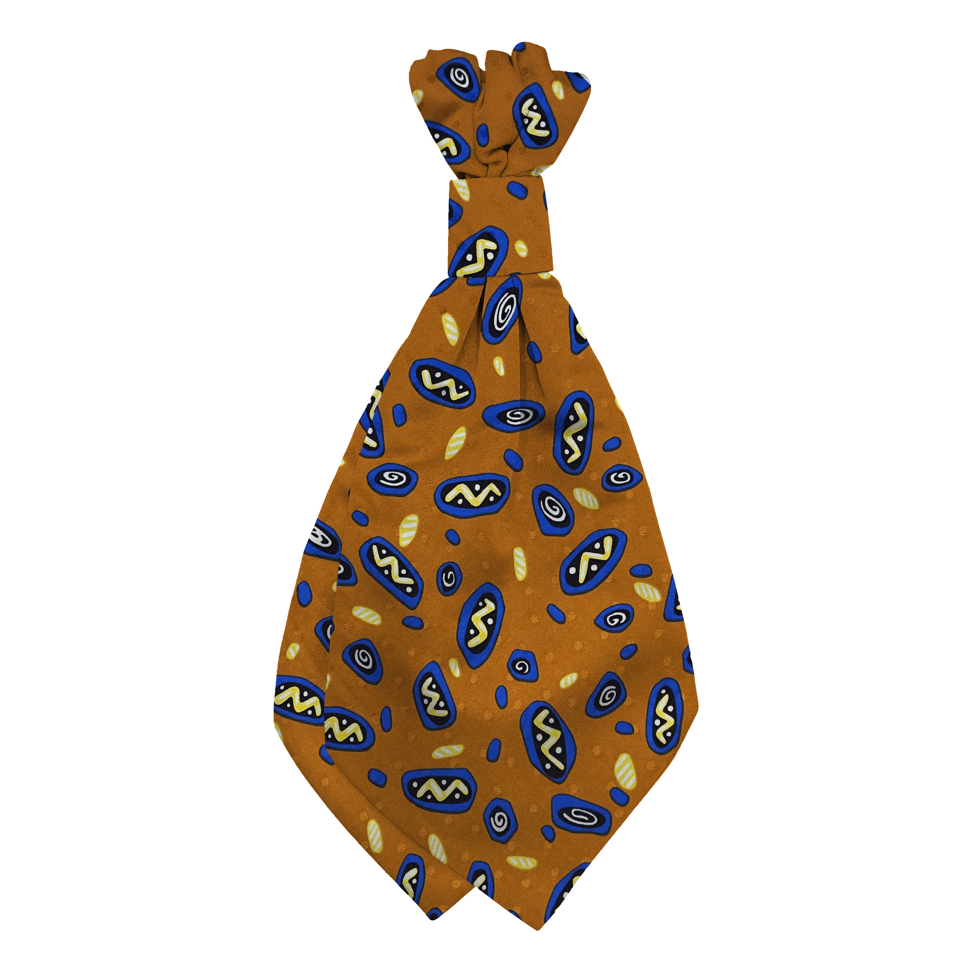 Plastronette mit geradem Knoten aus Seide, Stoff: Phantasiemuster in gelb, schwarz und blau auf ocker (6055)