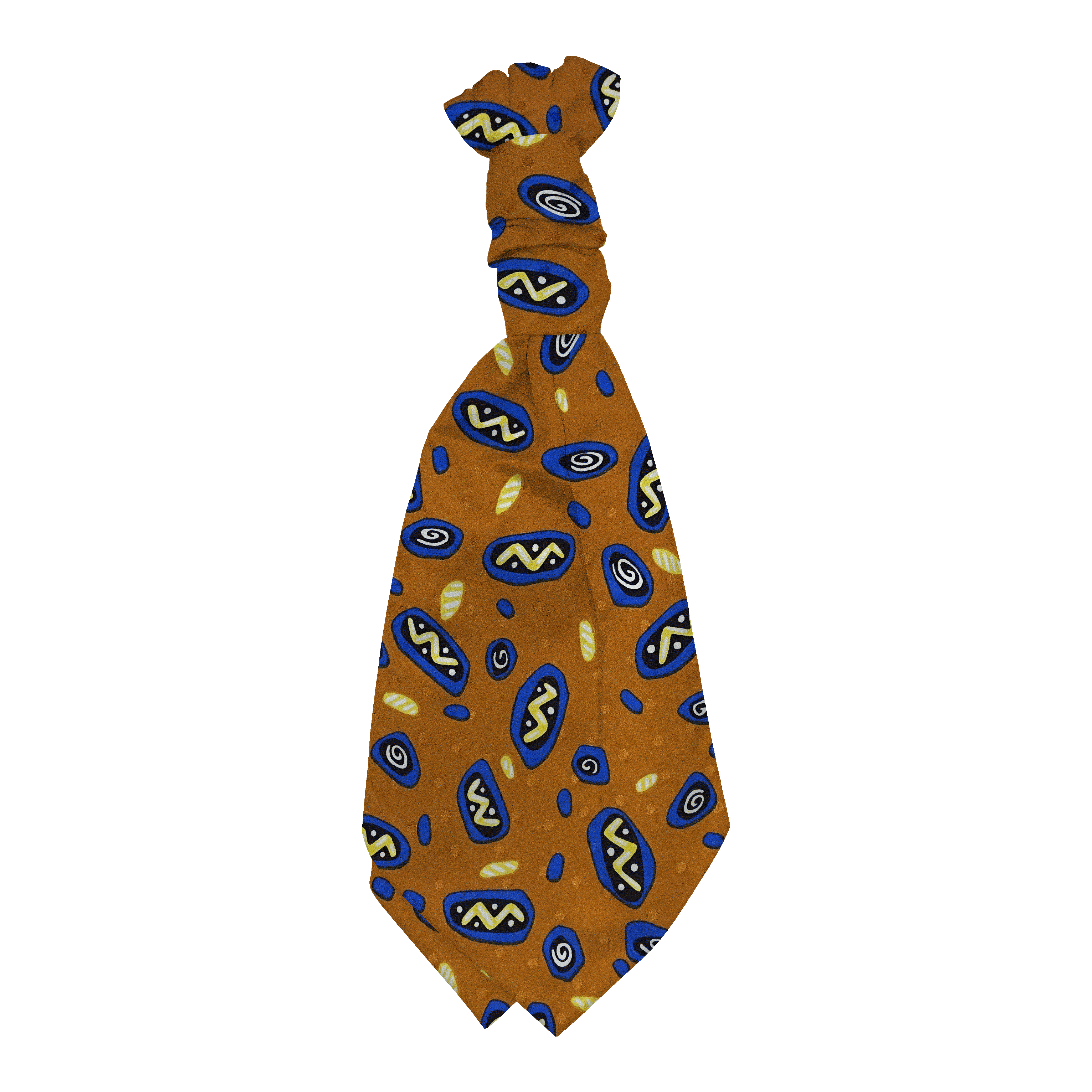 Plastronette mit gebauschtem Knoten aus Seide, Stoff: Phantasiemuster in gelb, schwarz und blau auf ocker (6055)