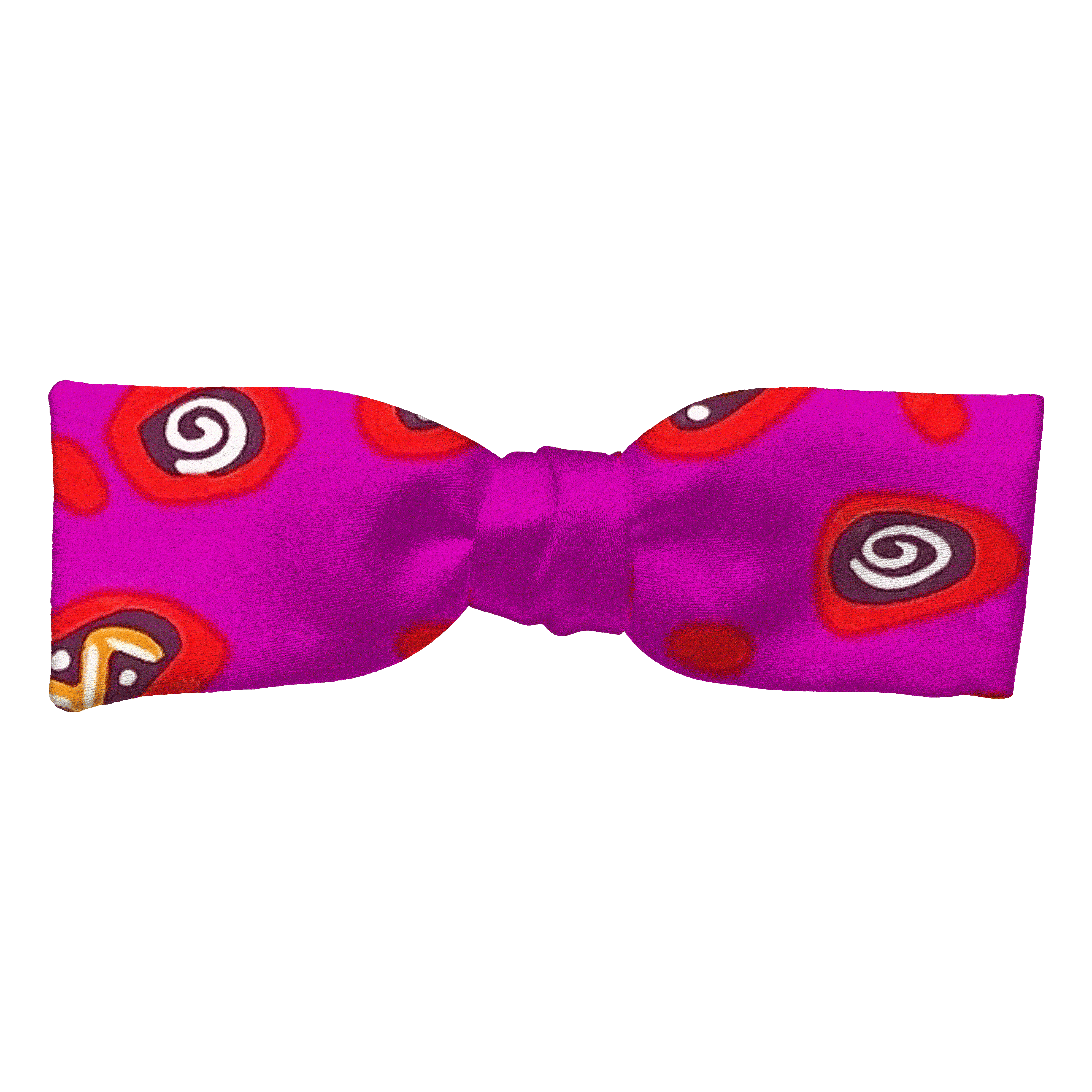 Schleife aus Seide, Form: gerade, Höhe: 35, Stoff: Phantasiemuster in orange, schwarz und rot auf magentaa (6495)