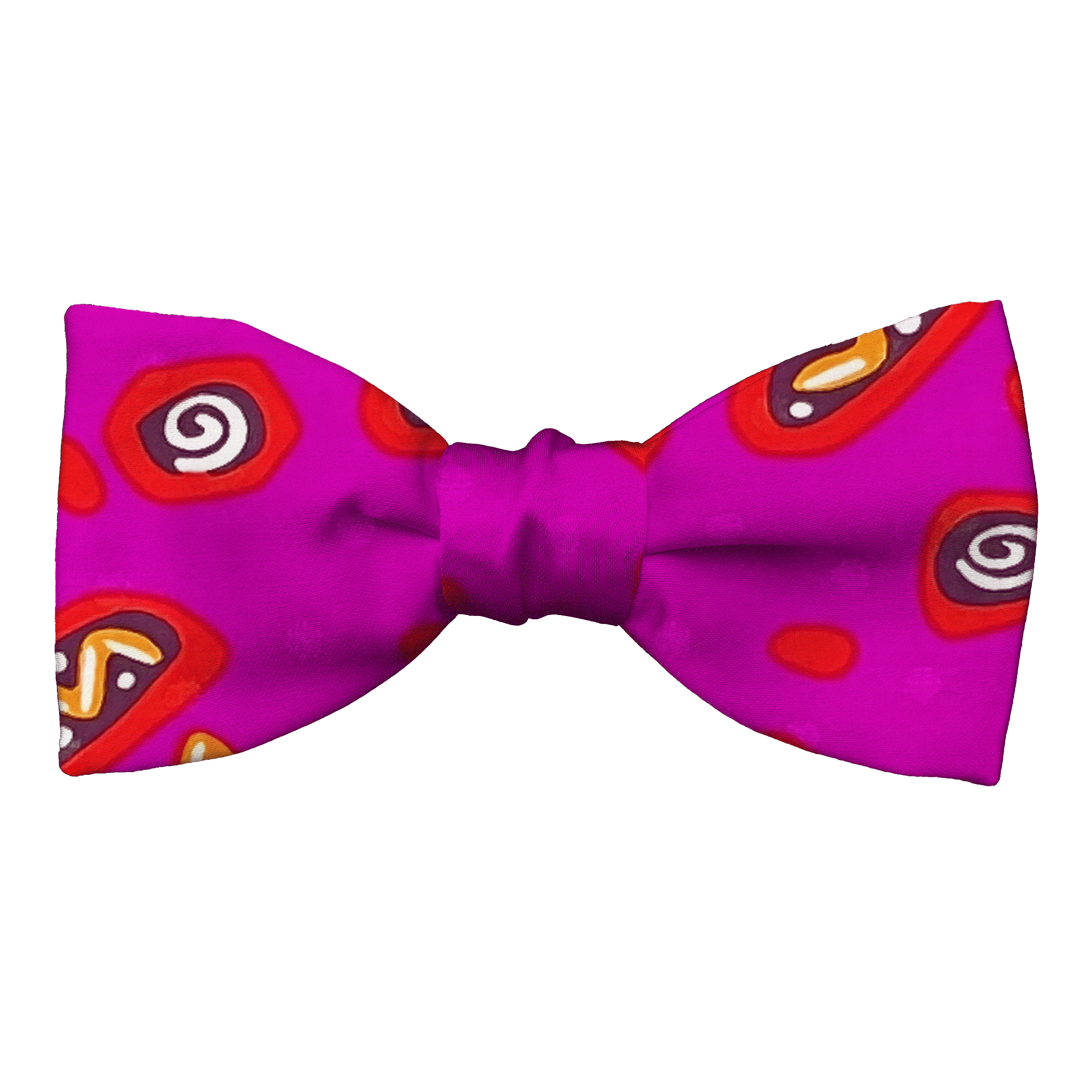 Schleife aus Seide, Form: gerade, Höhe: 50, Stoff: Phantasiemuster in orange, schwarz und rot auf magentaa (6495)
