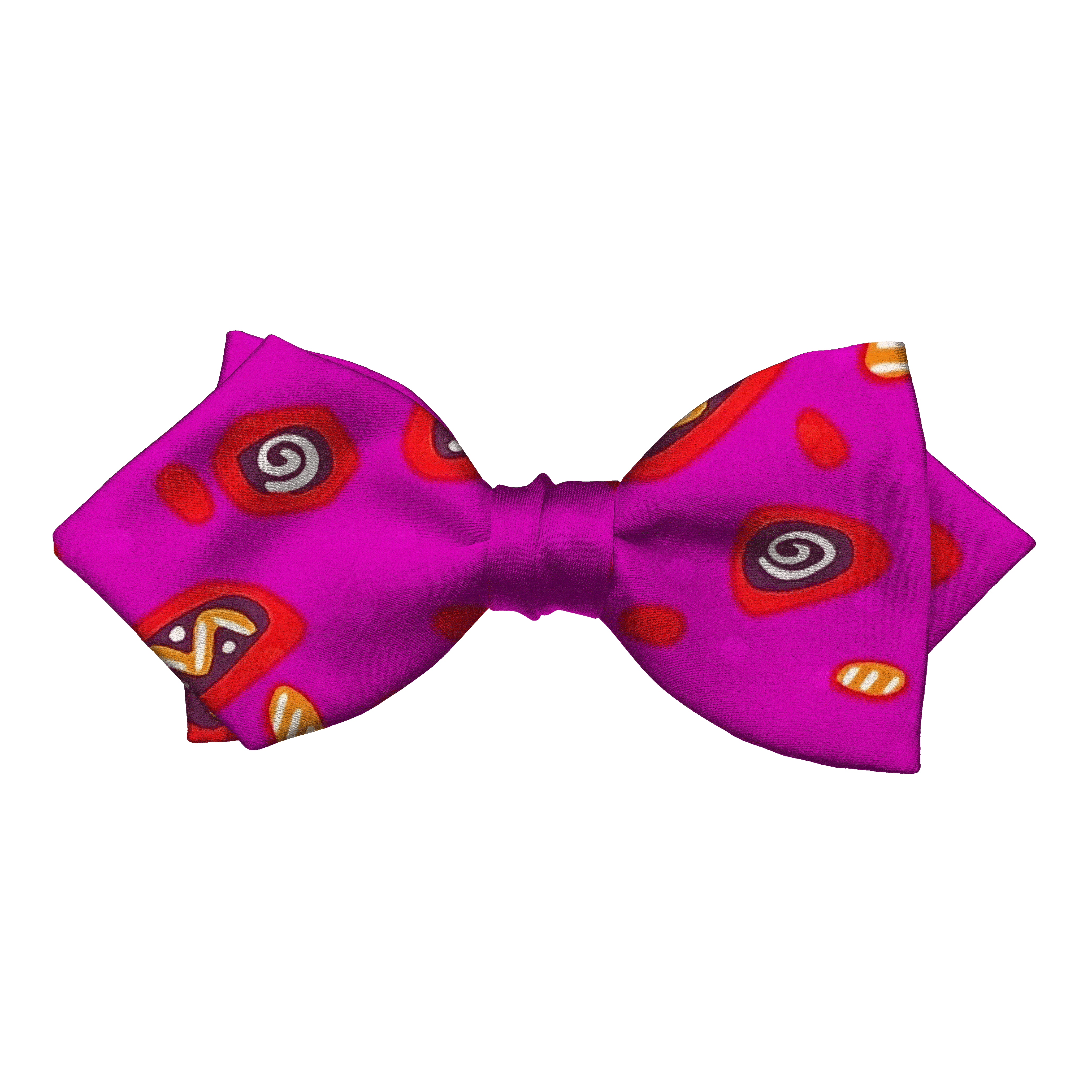 Schleife aus Seide, Form: spitz, Höhe: 60, Stoff: Phantasiemuster in orange, schwarz und rot auf magentaa (6495)