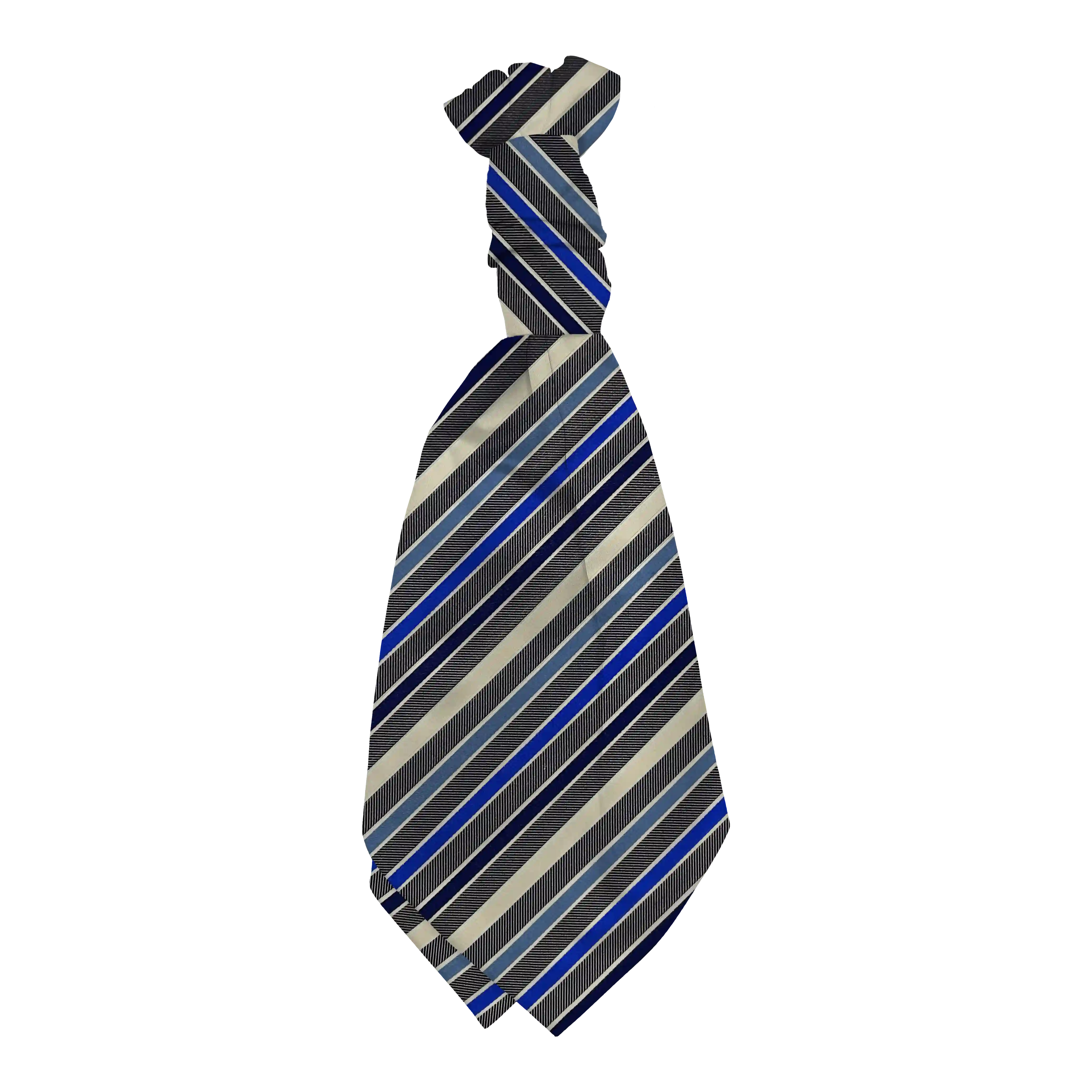 Plastronette mit gebauschtem Knoten aus Seide, Stoff: gestreift in Blautönen und mit blau gerippten Streifen (7897)
