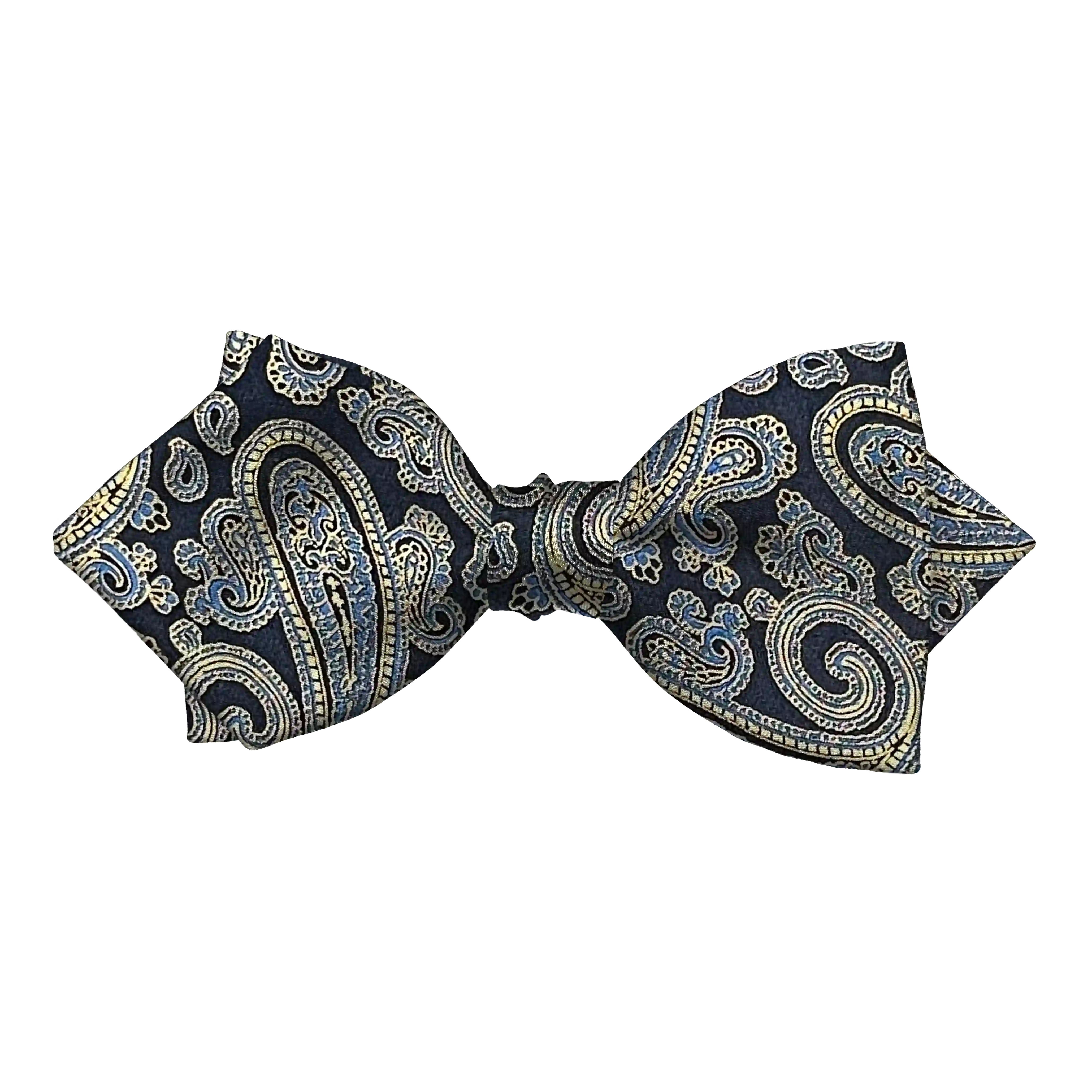 [BT-P-60-E-70-7184] Schleife aus Seide, Form: spitz, Höhe: 60 mm, Stoff: Paisley in goldgelb und türkis auf dunkelblau (7184) (EASY: vorgebunden mit verstellbarer Größe)