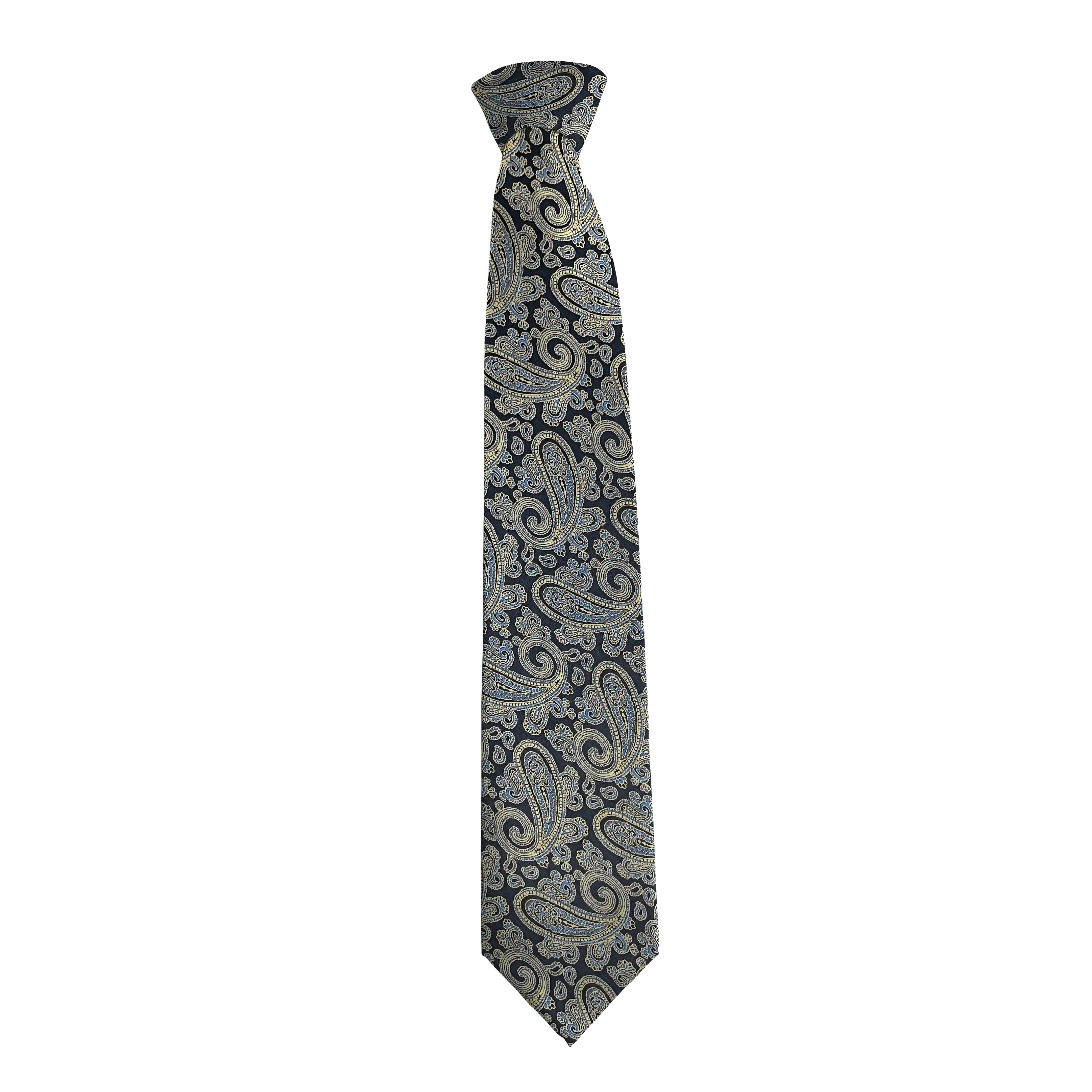 Krawatte aus Seide, Breite: 85 mm, Stoff: Paisley in goldgelb und türkis auf dunkelblau (7184)