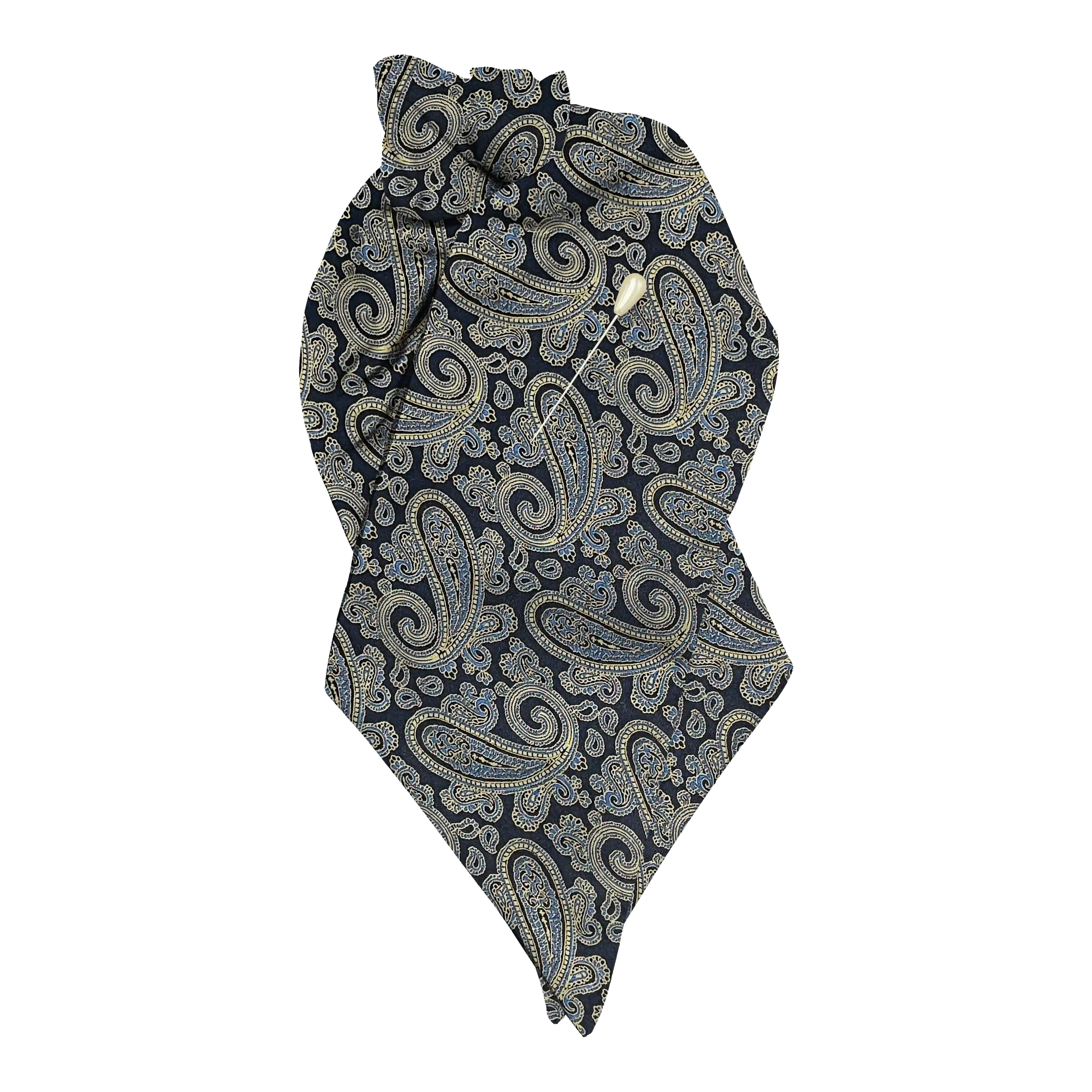 [PL-N-70-7184] Plastron aus Seide, Stoff: Paisley in goldgelb und türkis auf dunkelblau (7184) (mit Nadel)