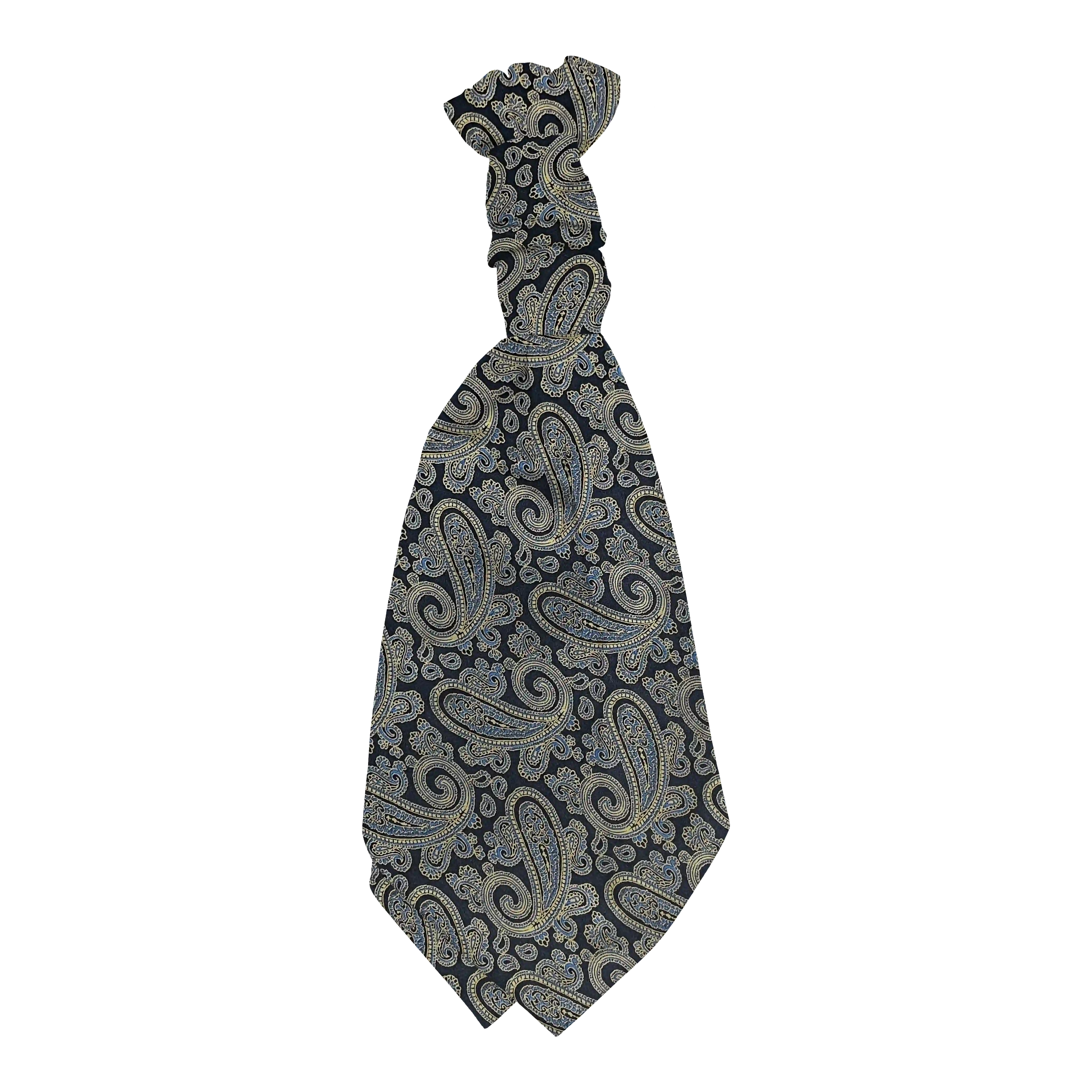 [PT-P-M-70-7184] Plastronette mit gebauschtem Knoten aus Seide, Stoff: Paisley in goldgelb und türkis auf dunkelblau (7184)