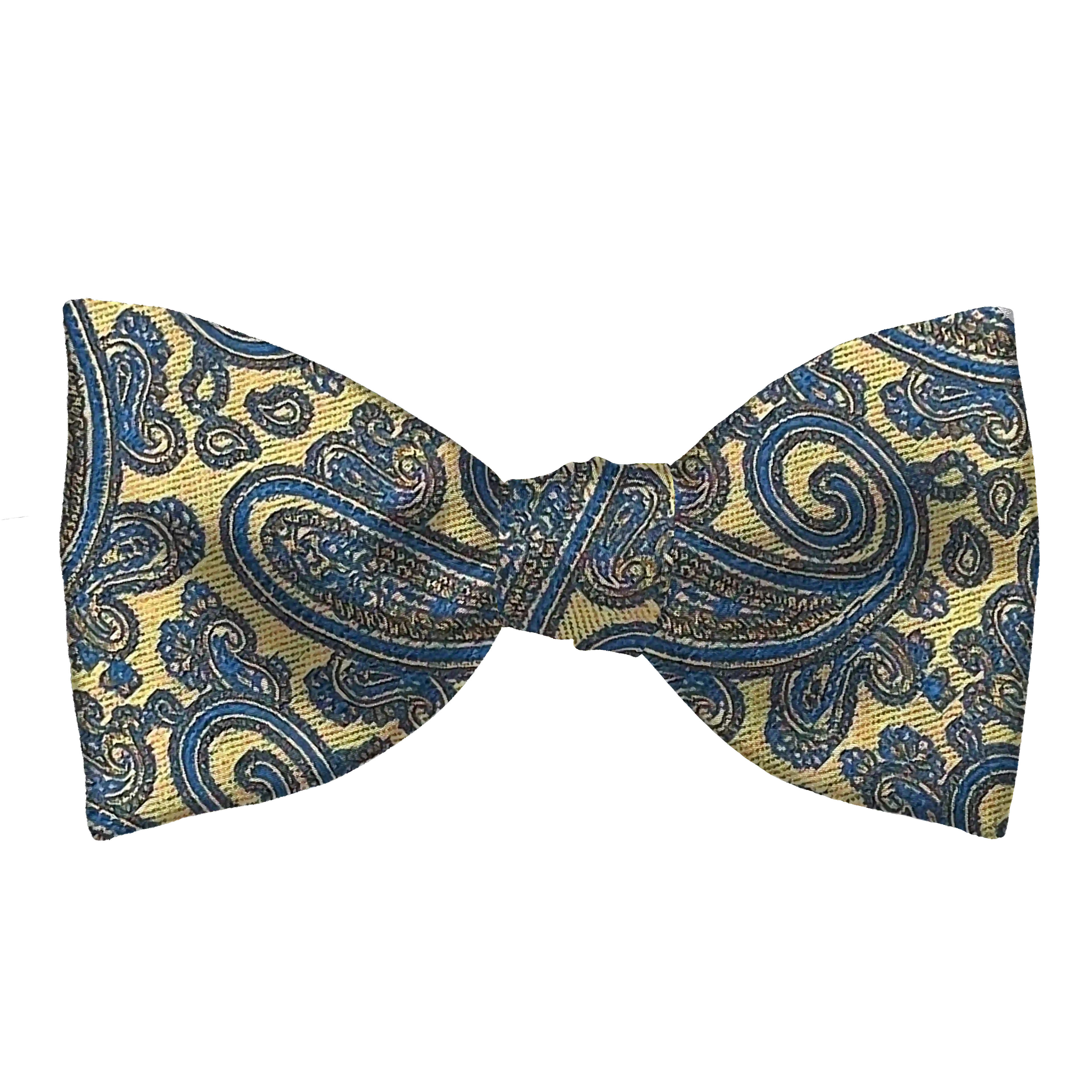 [BT-S-65-E-70-7184b] Schleife aus Seide, Form: gerade, Höhe: 65 mm, Stoff: Paisley in türkis auf goldgelb (7184b) (EASY: vorgebunden mit verstellbarer Größe)