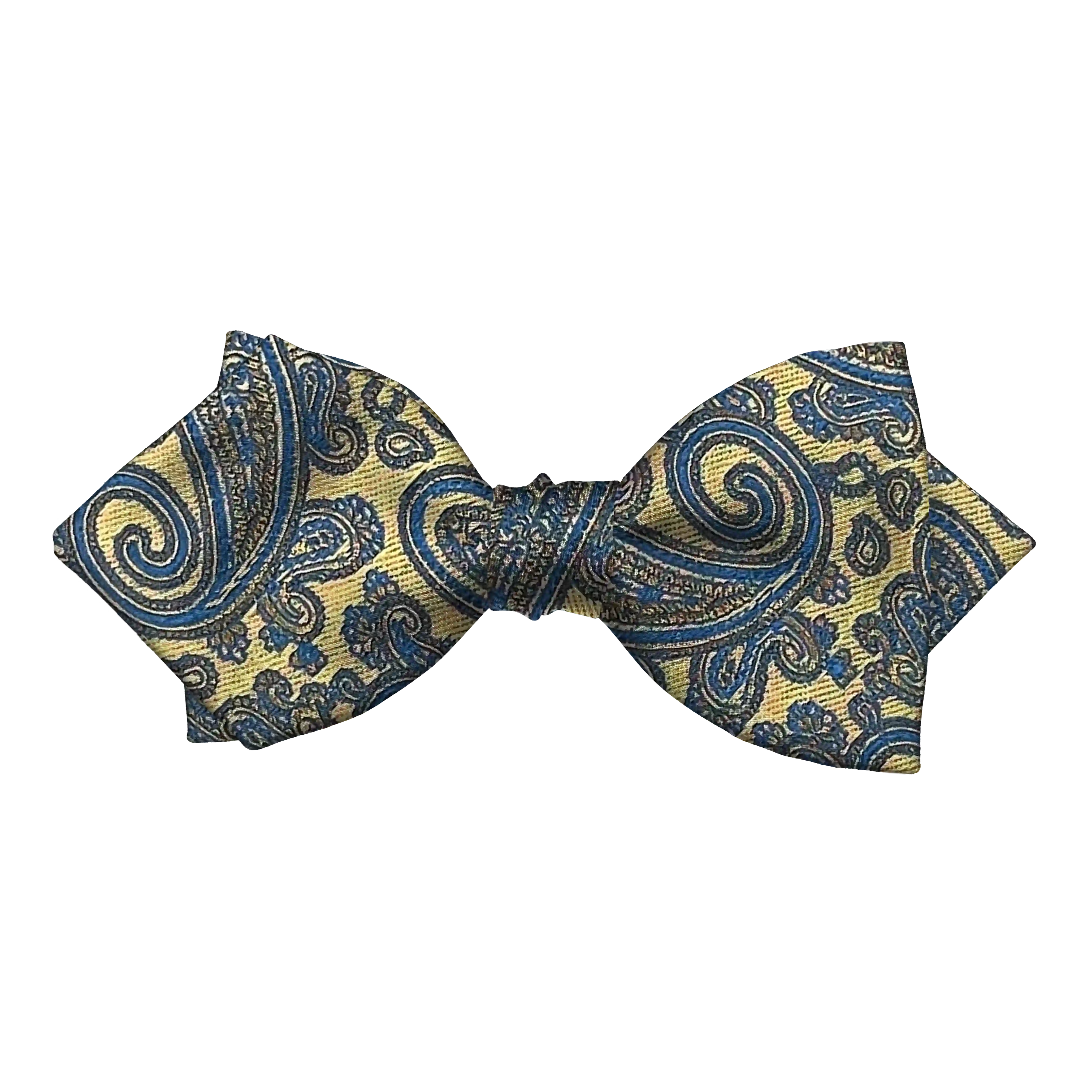 [BT-P-60-E-70-7184b] Schleife aus Seide, Form: spitz, Höhe: 60 mm, Stoff: Paisley in türkis auf goldgelb (7184b) (EASY: vorgebunden mit verstellbarer Größe)