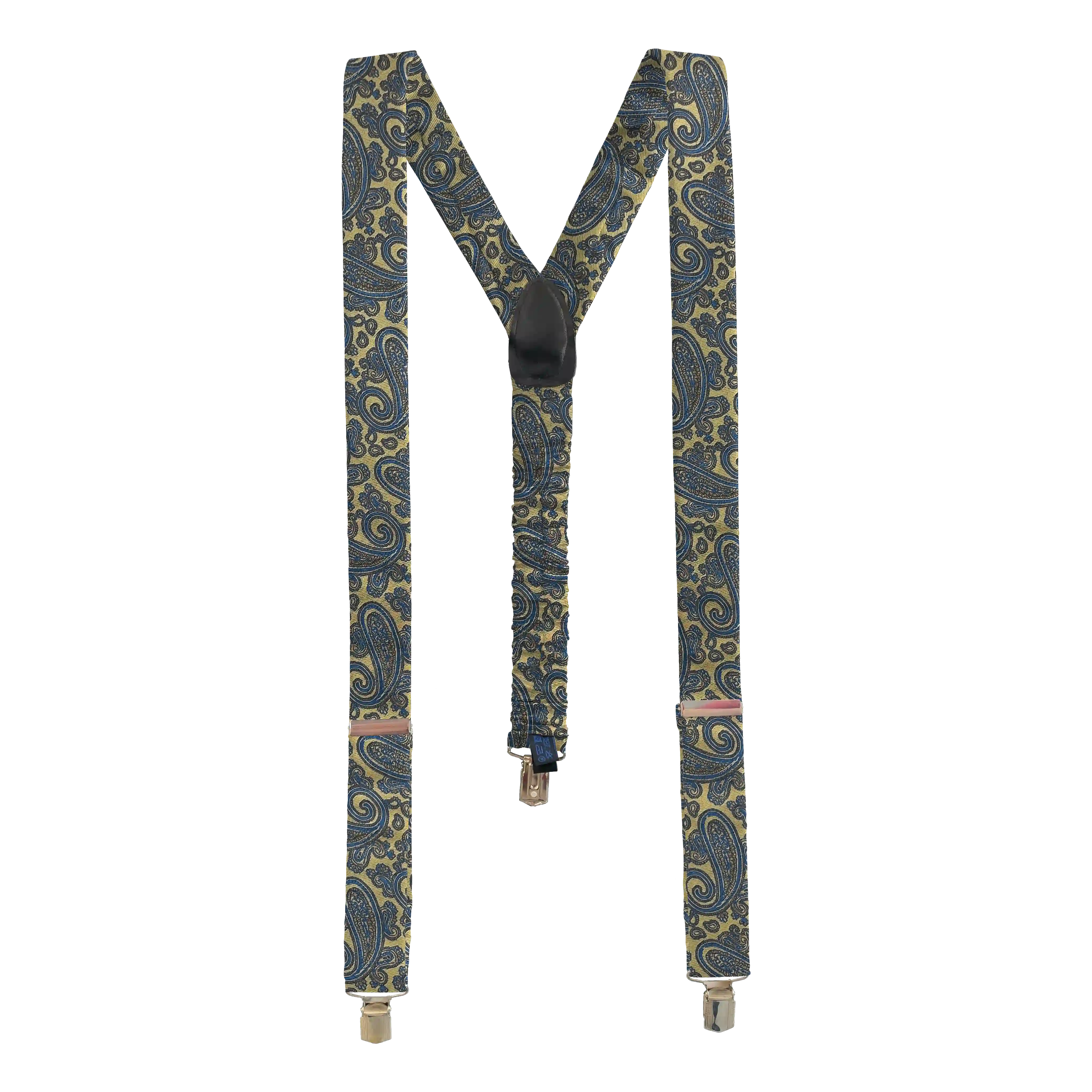 [BR-M-70-7184b] Hosenträger aus Seide, Stoff: Paisley in türkis auf goldgelb (7184b) (Metallklips)