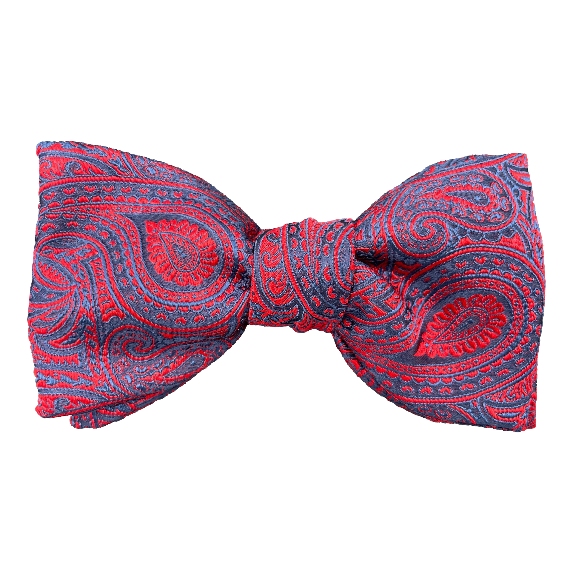 Schleife aus Seide, Form: gerade, Höhe: 65, Stoff: dunkelblaues Paisley auf rot (7246)