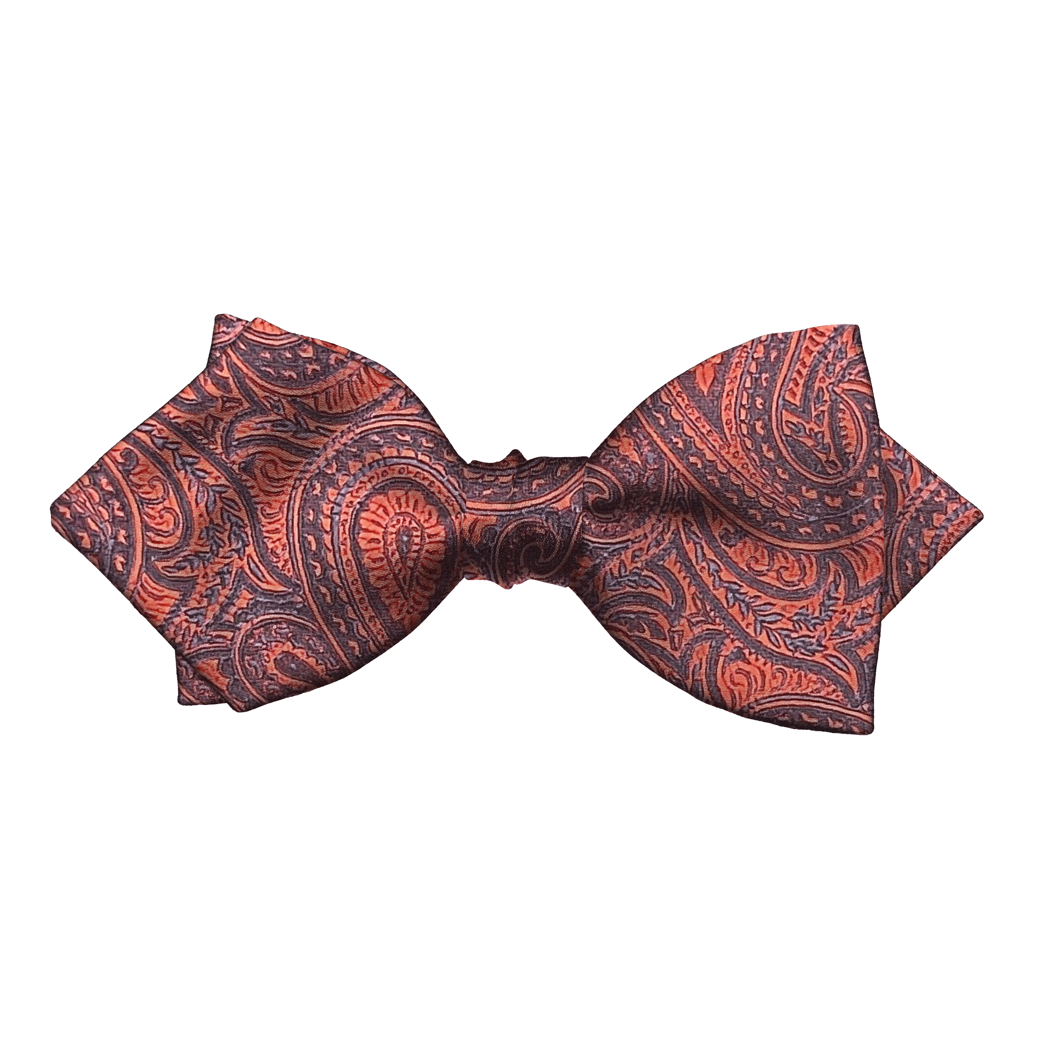 Schleife aus Seide, Form: spitz, Höhe: 60, Stoff: dunkelblaues Paisley auf rot (7246)