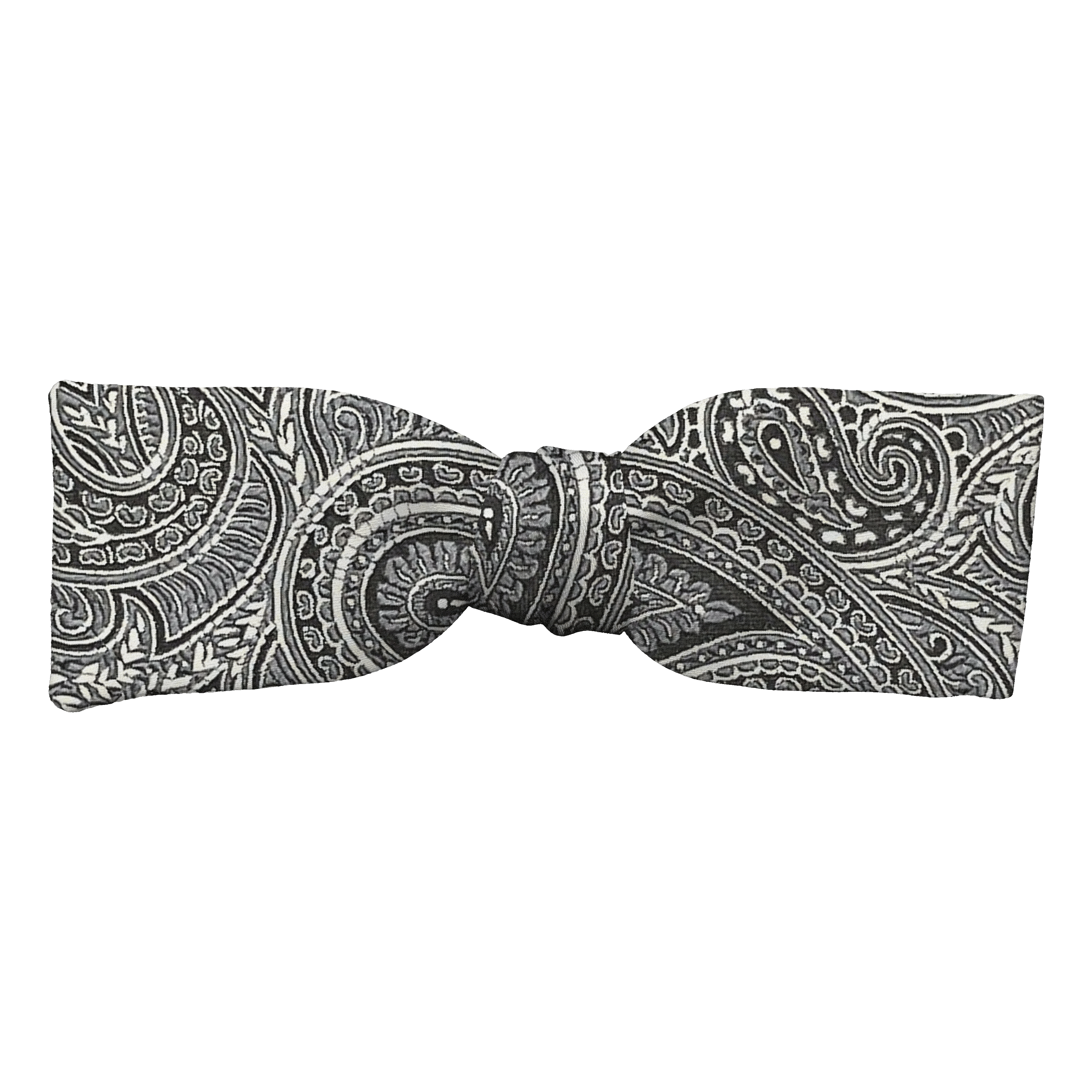 Schleife aus Seide, Form: gerade, Höhe: 35, Stoff: graues Paisley auf schwarz (7247)
