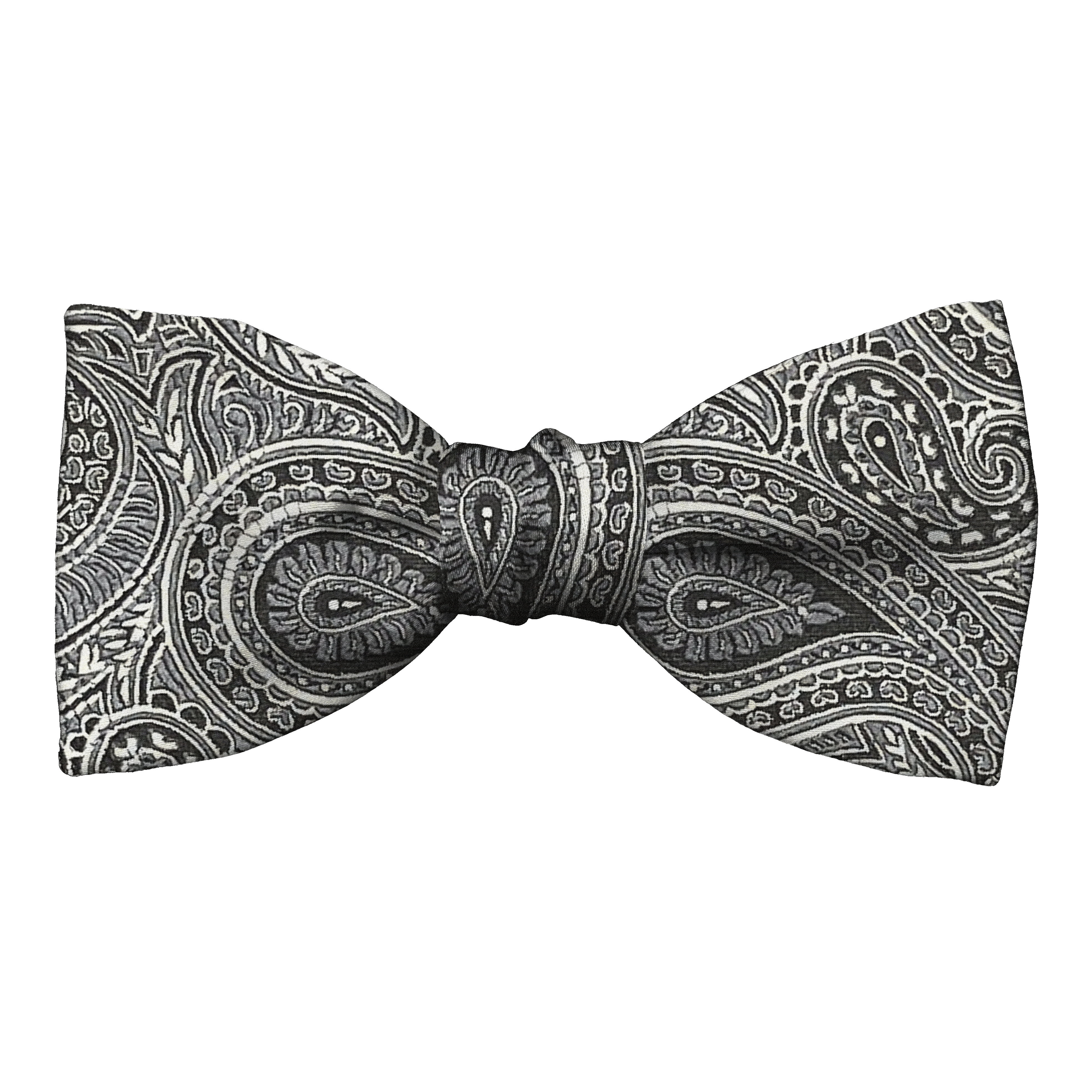 Schleife aus Seide, Form: gerade, Höhe: 50, Stoff: graues Paisley auf schwarz (7247)