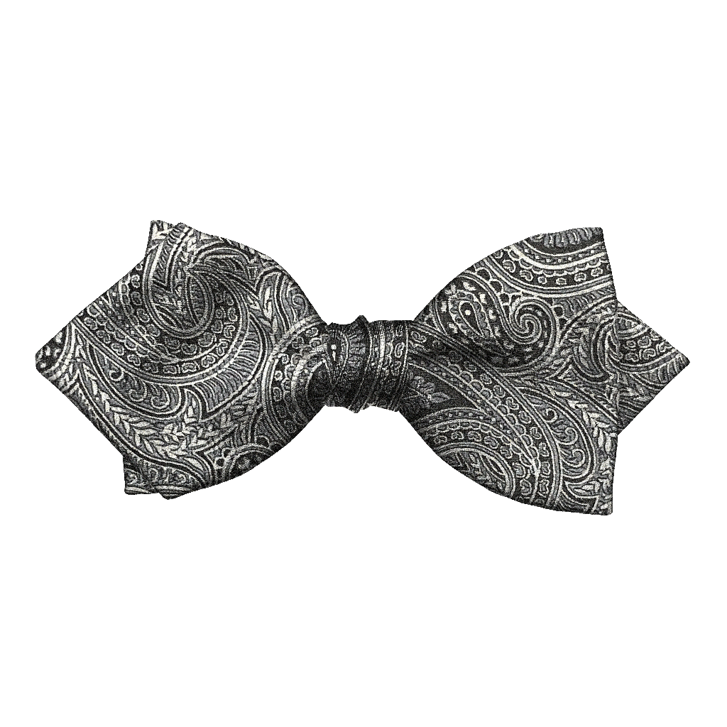 [BT-P-60-E-70-7247] Schleife aus Seide, Form: spitz, Höhe: 60, Stoff: graues Paisley auf schwarz (7247) (EASY: vorgebunden mit verstellbarer Größe)
