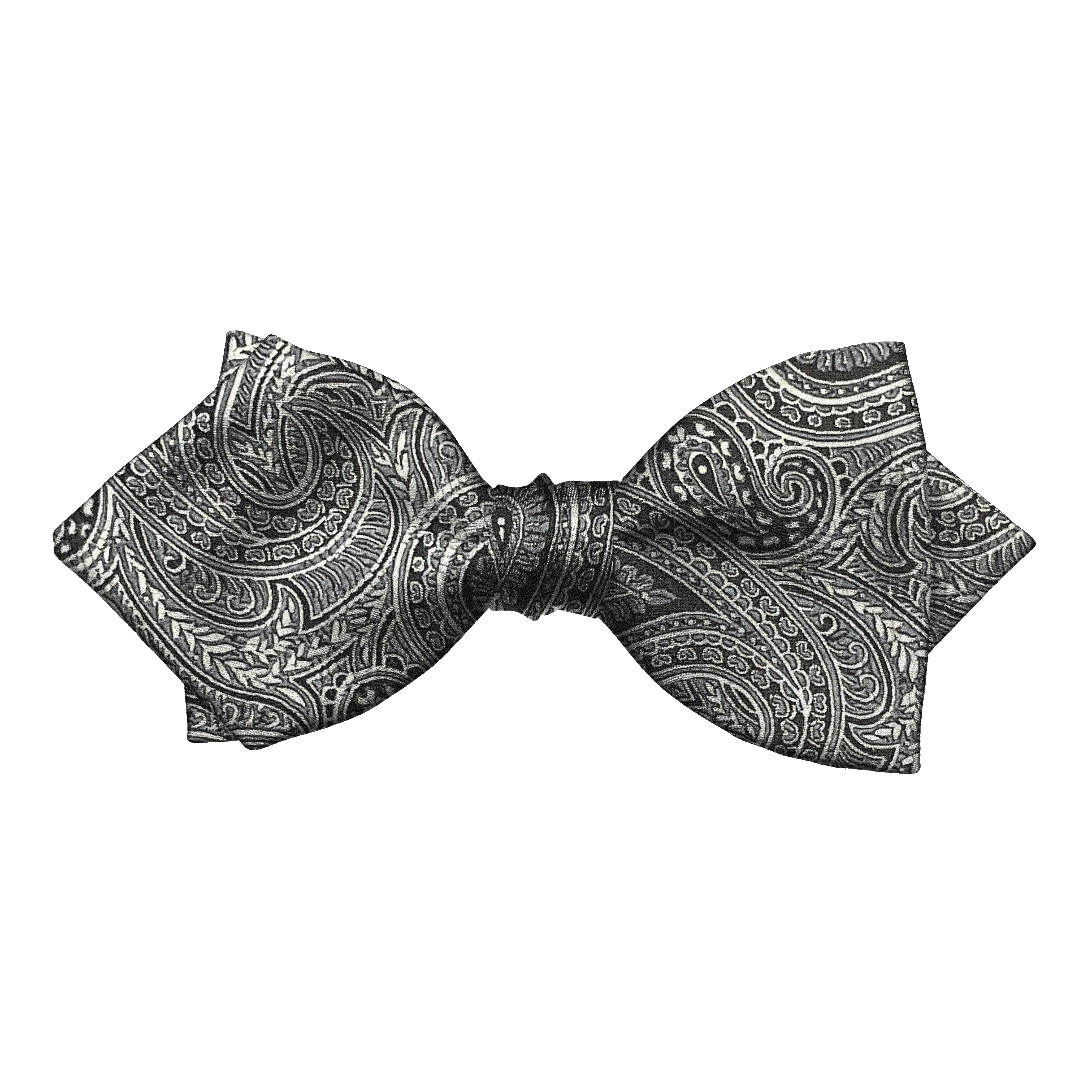 Schleife aus Seide, Form: spitz, Höhe: 60, Stoff: graues Paisley auf schwarz (7247)