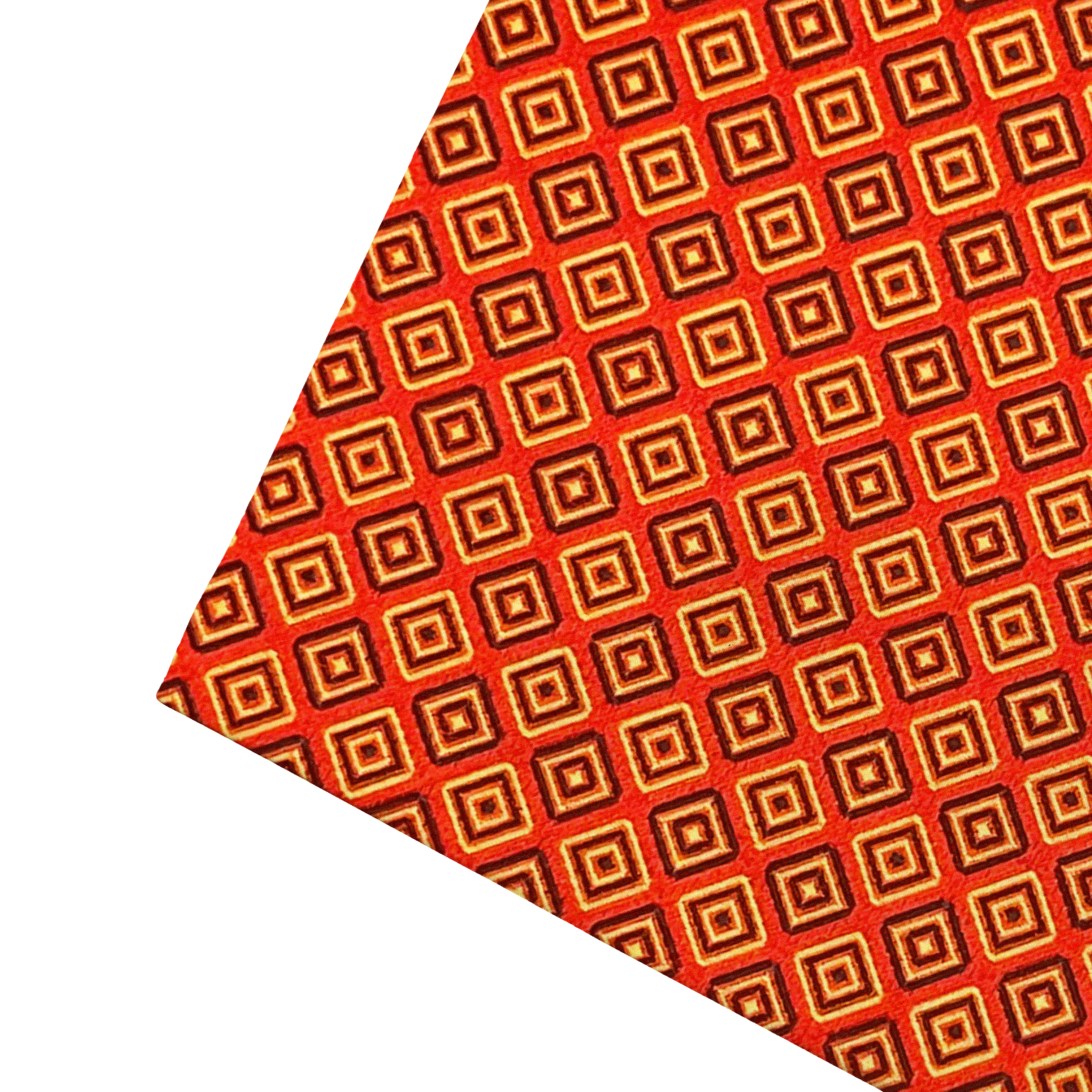 Ziertuch aus Seide, 30 x 30 cm, Stoff: geometrisch gemustert in blau und gelb auf rot (7370)