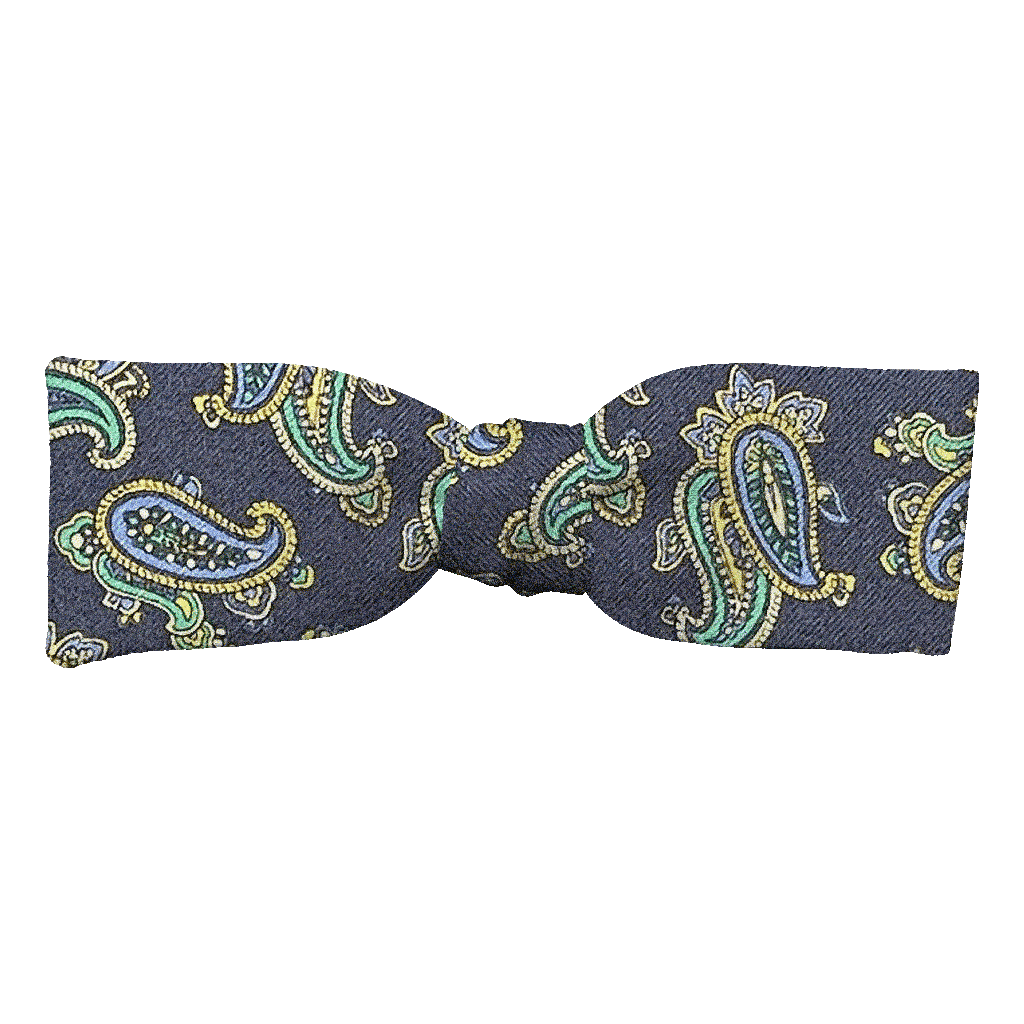 [BT-S-35-E-60-6499] Schleife aus Seide, Form: gerade, Höhe: 35, Stoff: kleines Paisley in blau, grün und gelb auf dunkelblau (6499) (EASY: vorgebunden mit verstellbarer Größe)