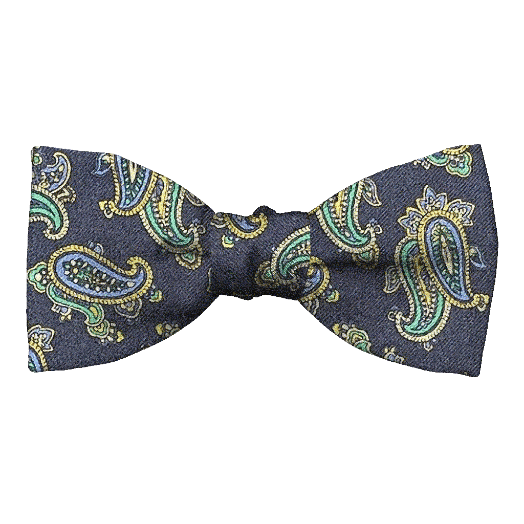 [BT-S-50-E-60-6499] Schleife aus Seide, Form: gerade, Höhe: 50, Stoff: kleines Paisley in blau, grün und gelb auf dunkelblau (6499) (EASY: vorgebunden mit verstellbarer Größe)