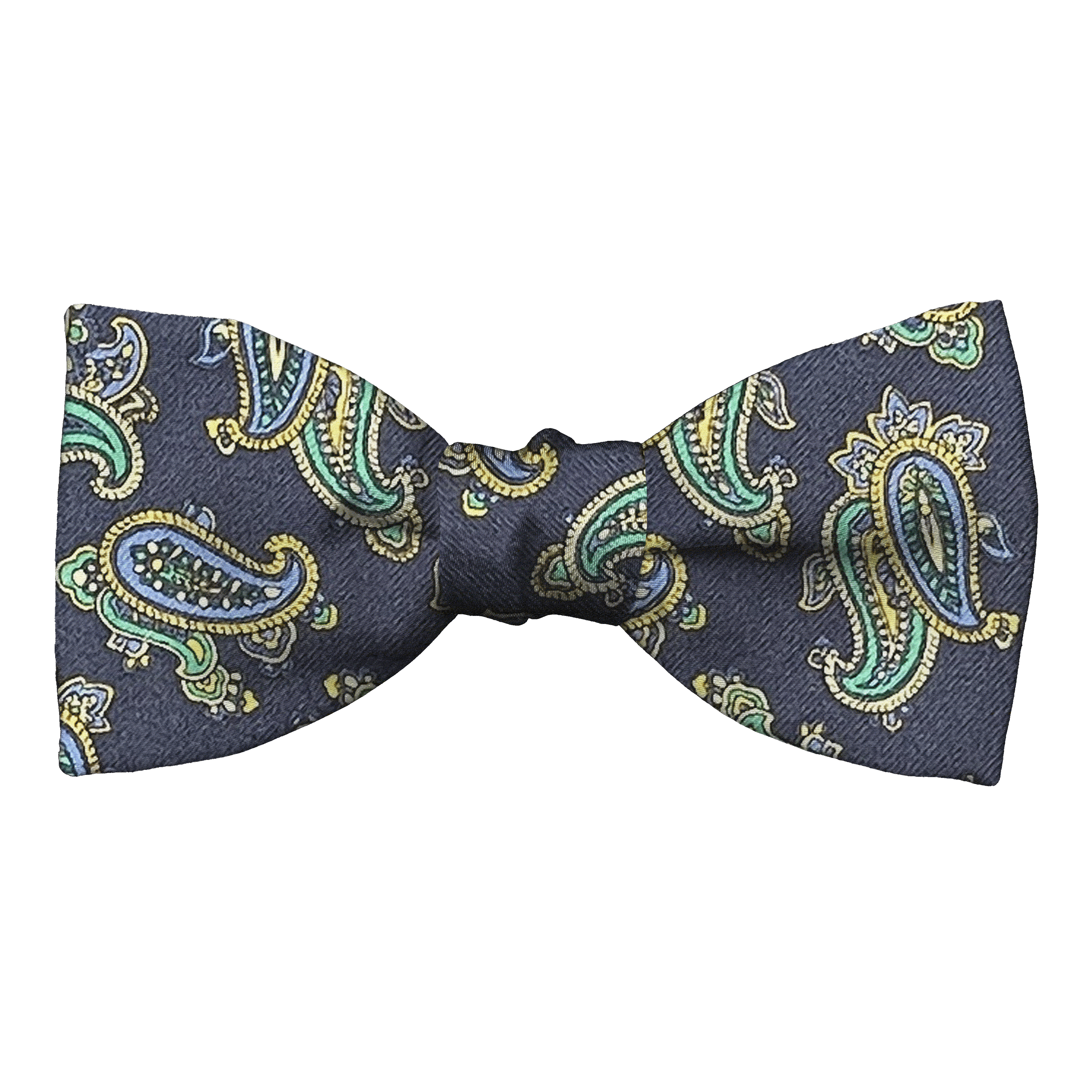 Schleife aus Seide, Form: gerade, Höhe: 50, Stoff: kleines Paisley in blau, grün und gelb auf dunkelblau (6499)