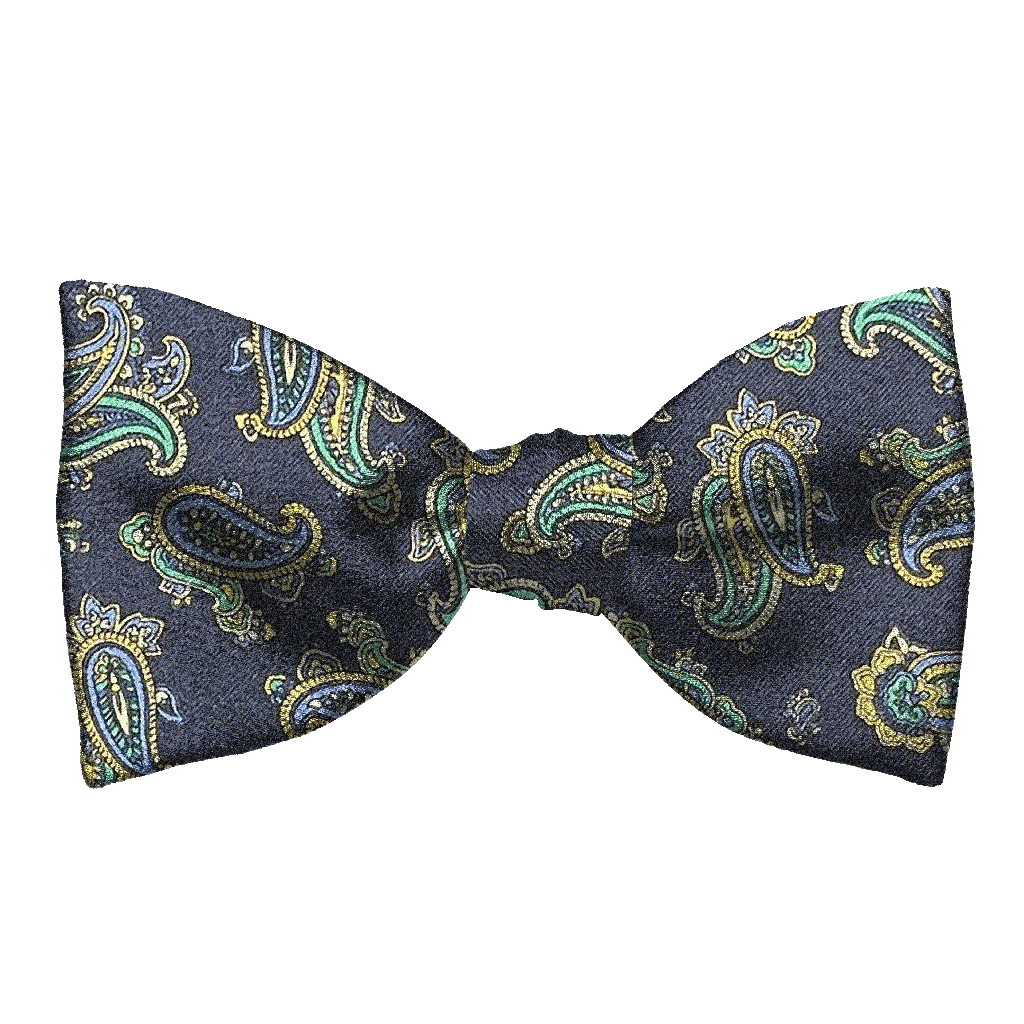 [BT-S-65-E-60-6499] Schleife aus Seide, Form: gerade, Höhe: 65, Stoff: kleines Paisley in blau, grün und gelb auf dunkelblau (6499) (EASY: vorgebunden mit verstellbarer Größe)