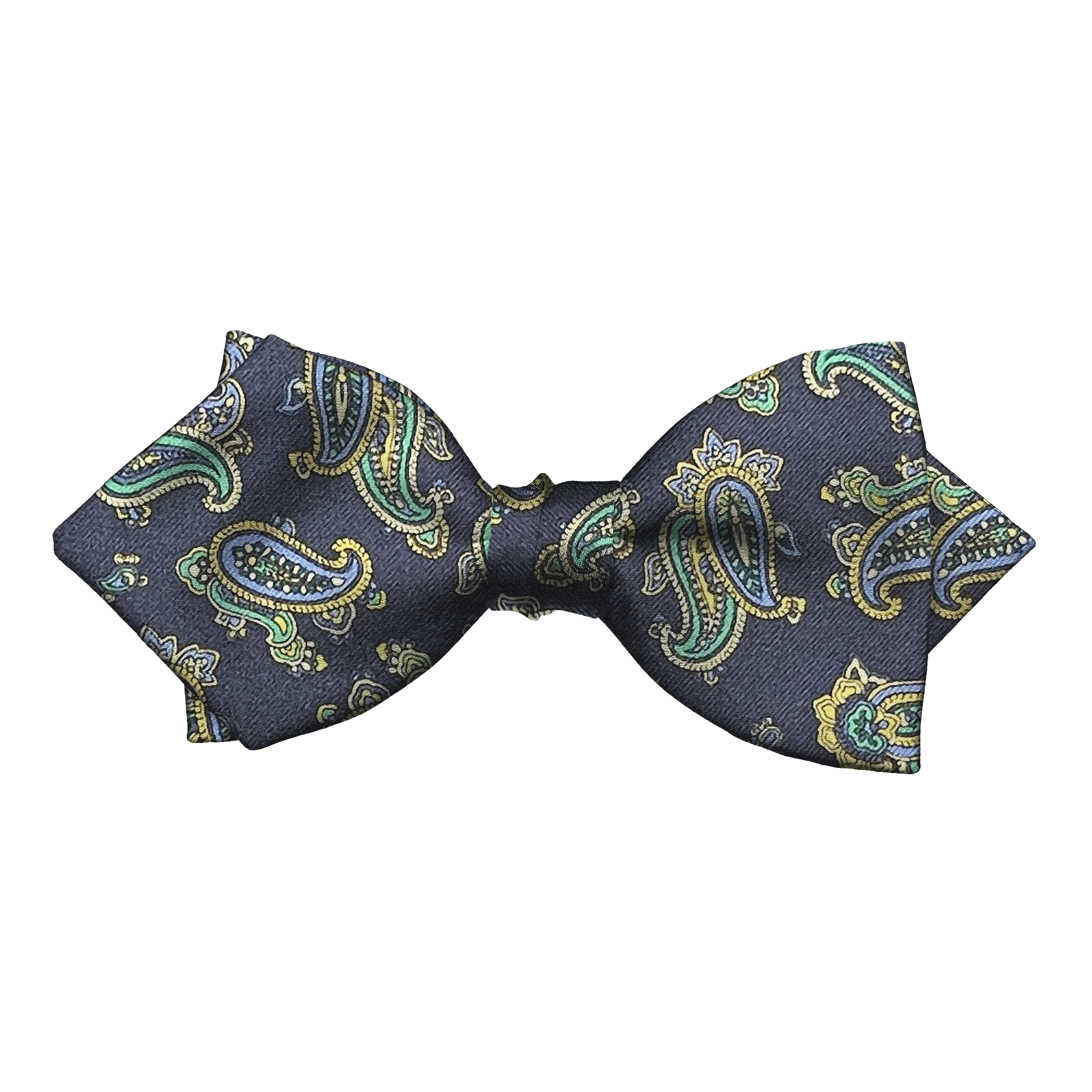 Schleife aus Seide, Form: spitz, Höhe: 60, Stoff: kleines Paisley in blau, grün und gelb auf dunkelblau (6499)