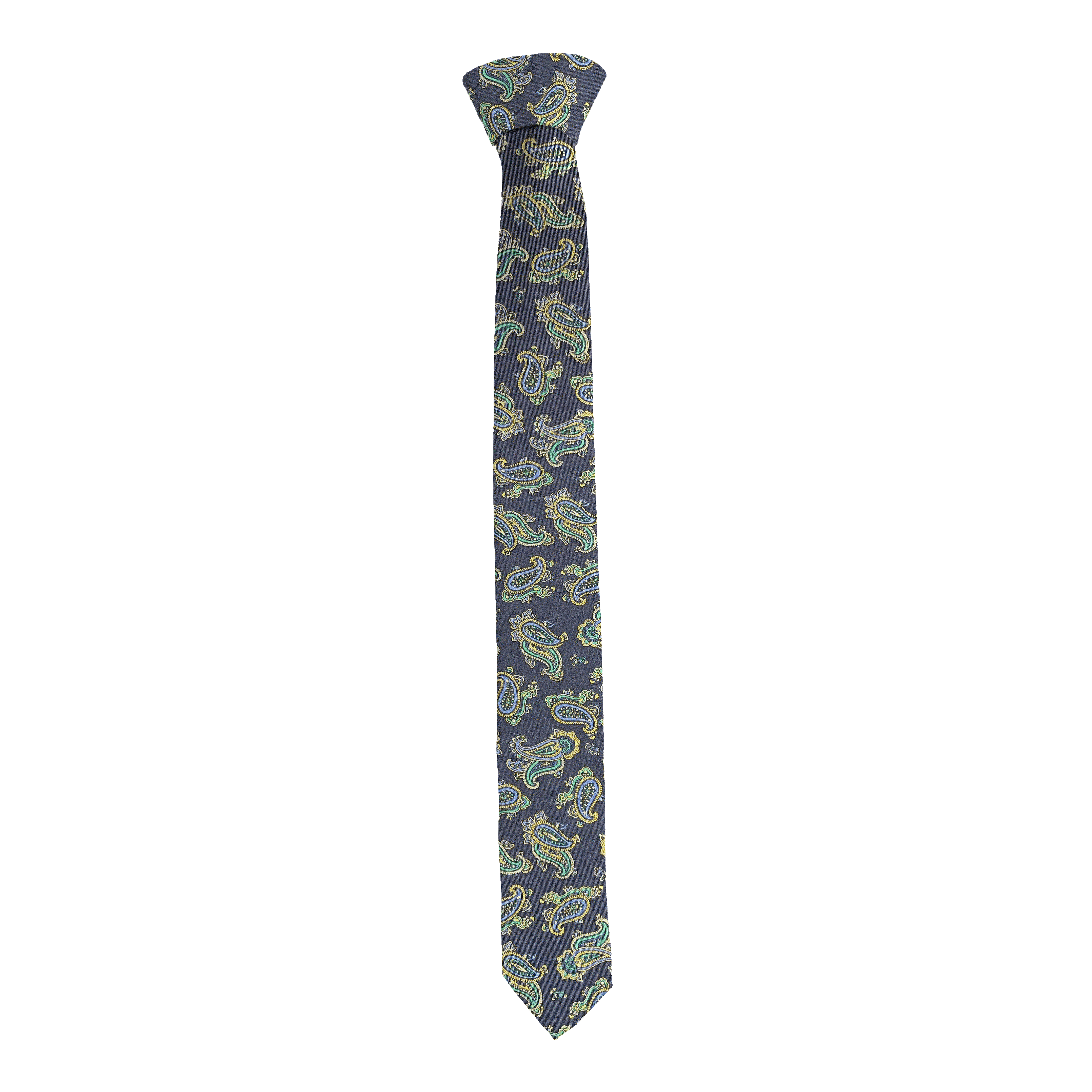 Krawatte aus Seide, Breite: 55, Stoff: kleines Paisley in blau, grün und gelb auf dunkelblau (6499)