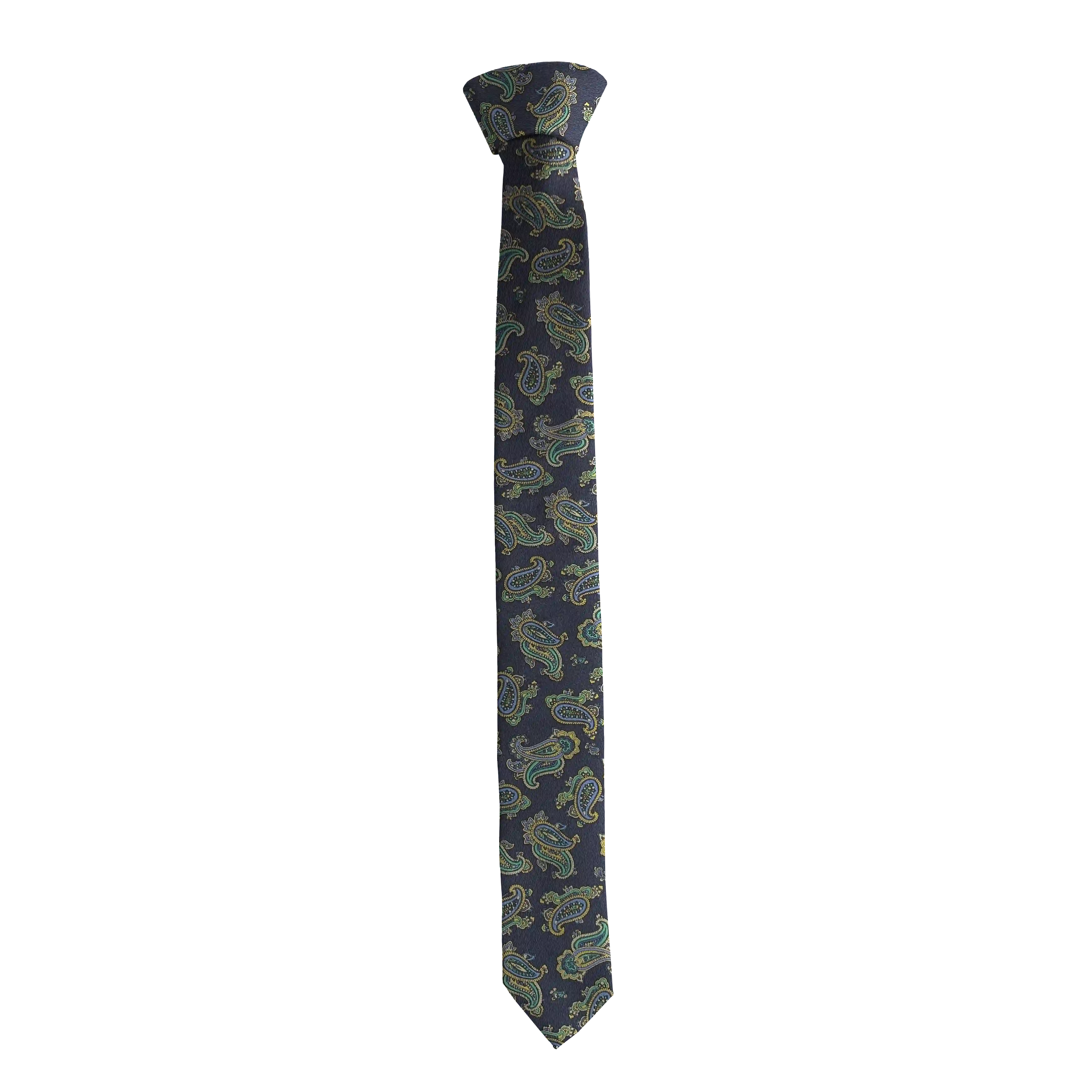 Krawatte aus Seide, Breite: 55 mm, Stoff: kleines Paisley in blau, grün und gelb auf dunkelblau (6499)