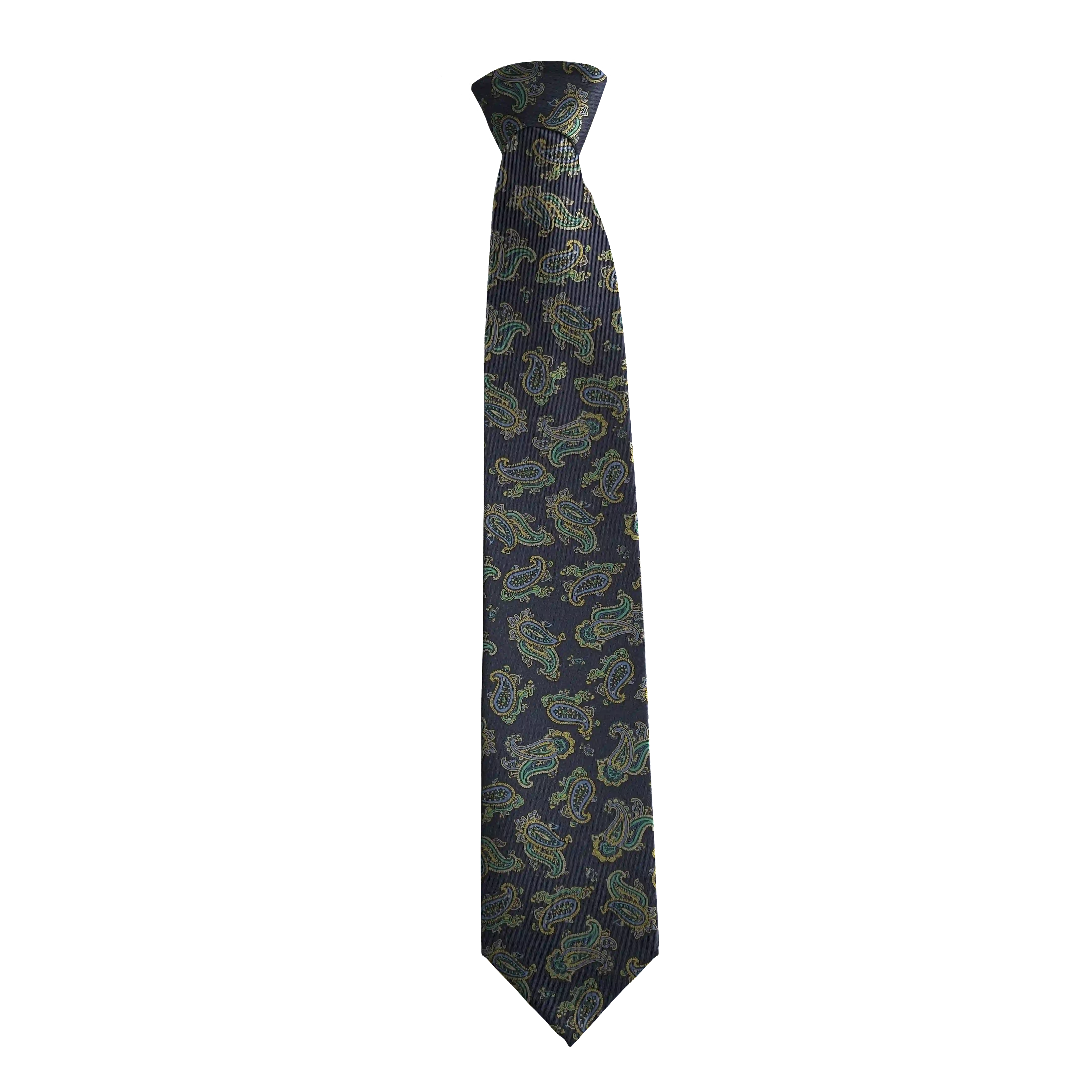 Krawatte aus Seide, Breite: 85 mm, Stoff: kleines Paisley in blau, grün und gelb auf dunkelblau (6499)
