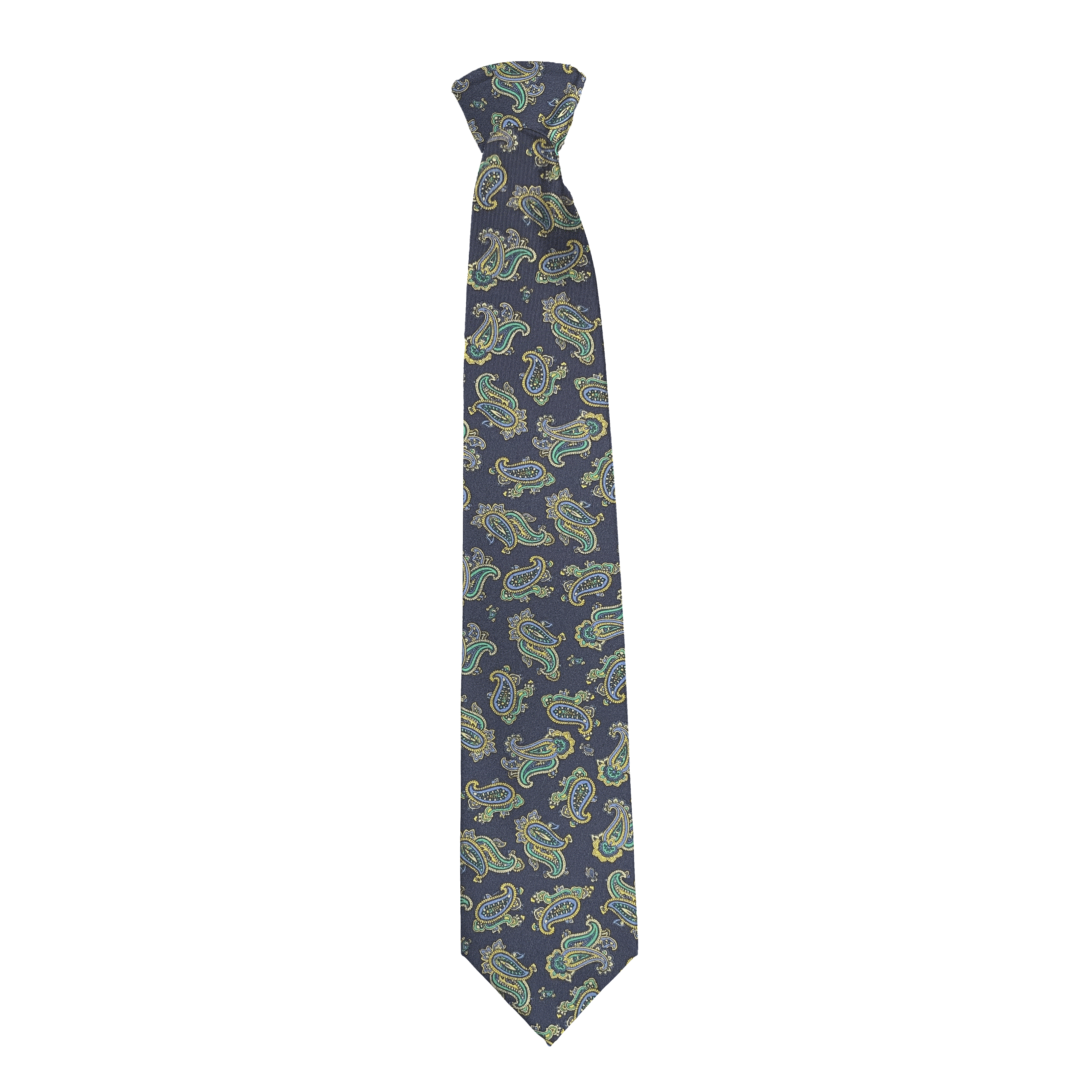 Krawatte aus Seide, Breite: 85, Stoff: kleines Paisley in blau, grün und gelb auf dunkelblau (6499)