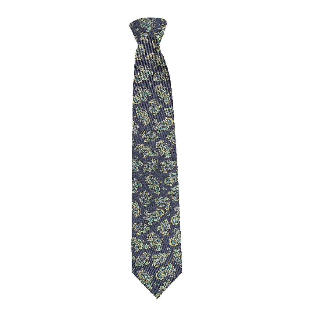 [T-85-M-60-6499] Krawatte aus Seide, Breite: 85, Stoff: kleines Paisley in blau, grün und gelb auf dunkelblau (6499) (Standardlänge (150))