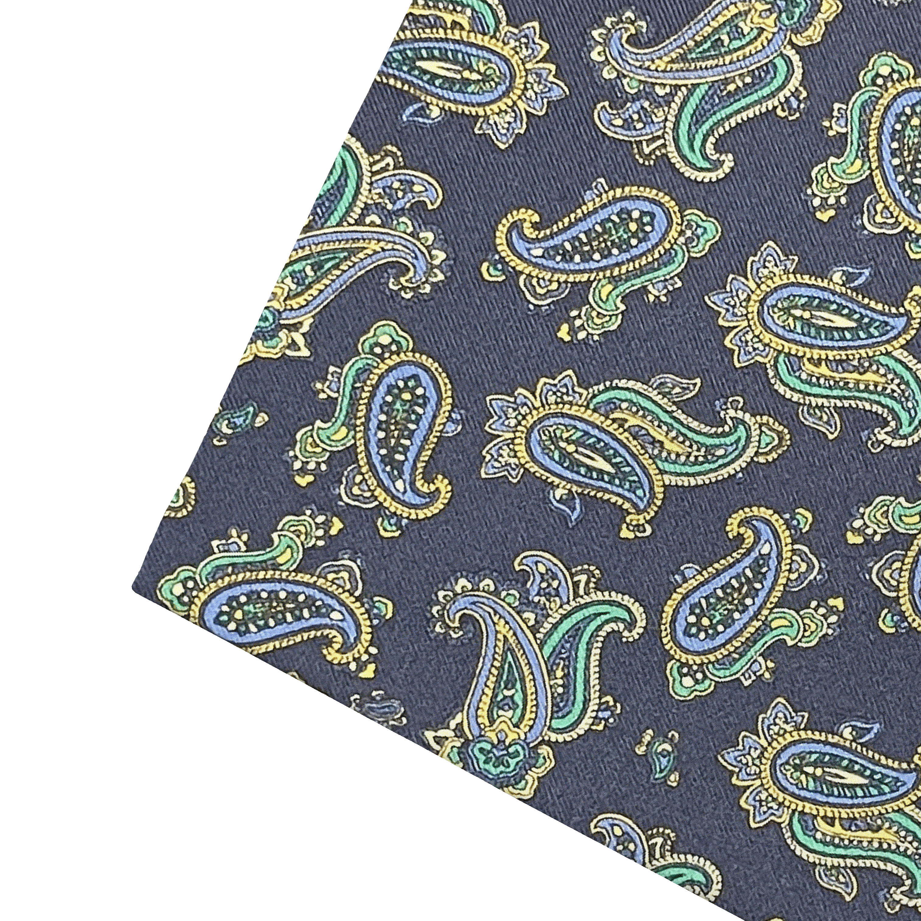 Ziertuch aus Seide, 30 x 30 cm, Stoff: kleines Paisley in blau, grün und gelb auf dunkelblau (6499)