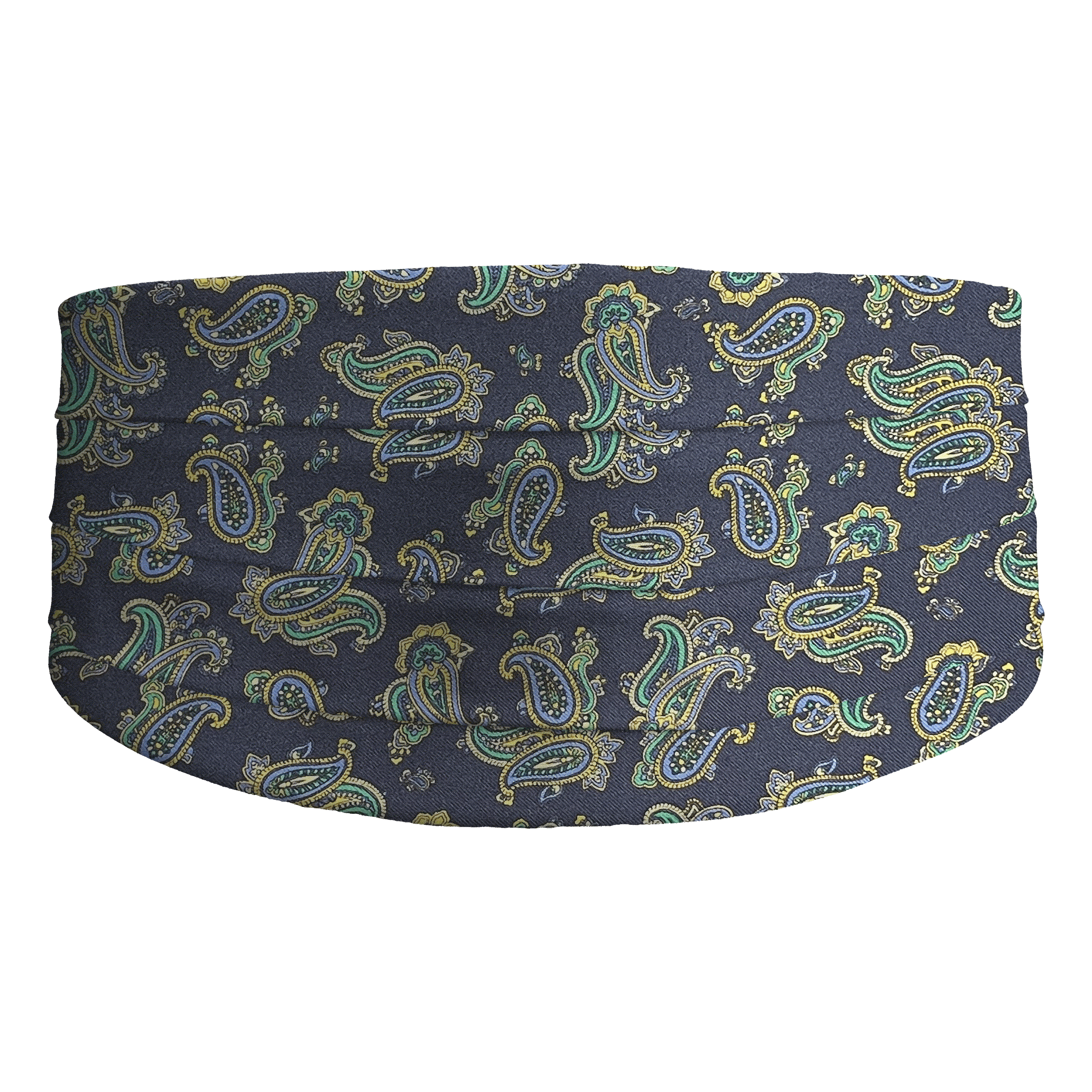[CB-S-60-6499] Kummerbund aus Seide, Stoff: kleines Paisley in blau, grün und gelb auf dunkelblau (6499) (48)