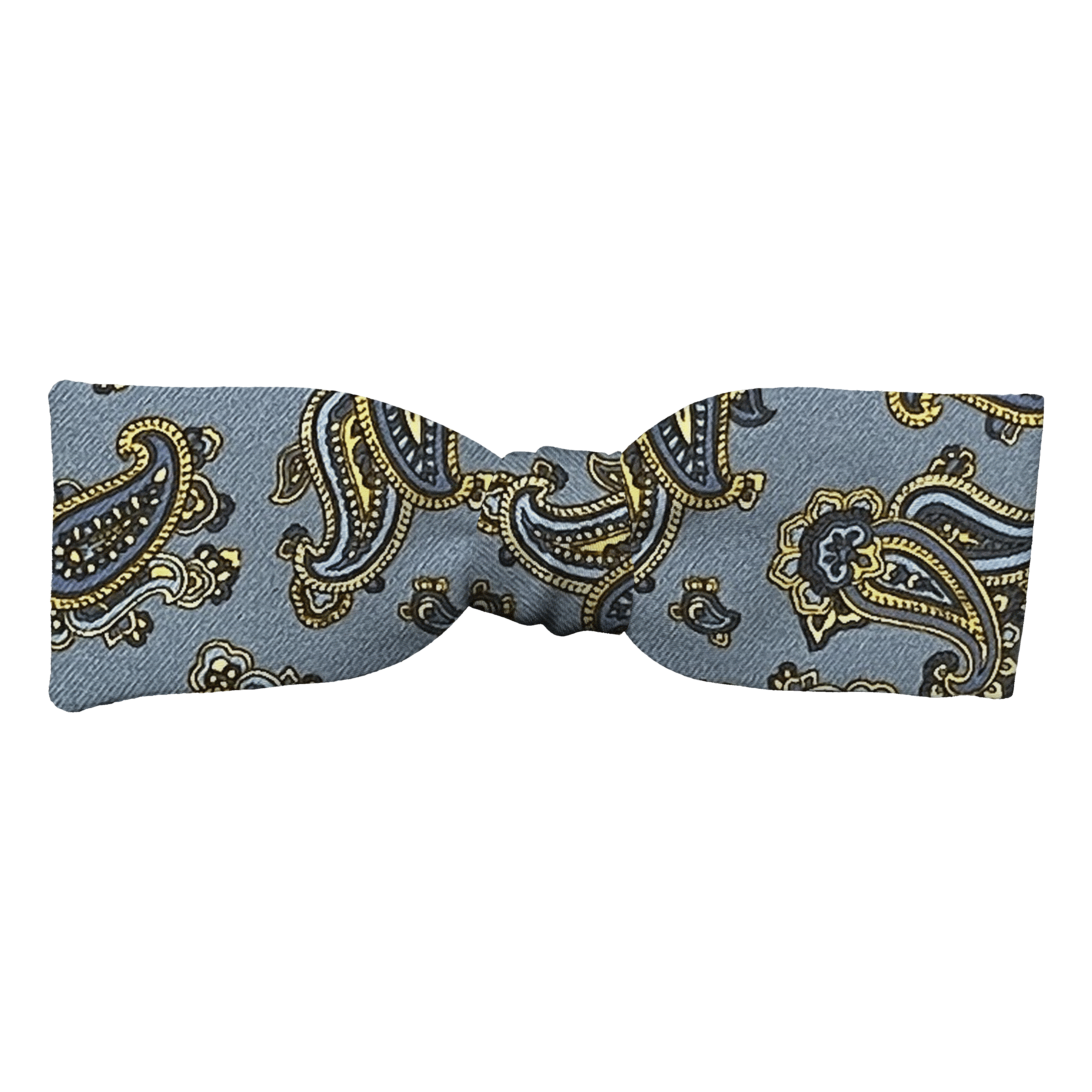 Schleife aus Seide, Form: gerade, Höhe: 35, Stoff: kleines Paisley in blau und gelb auf hellblau (6500)