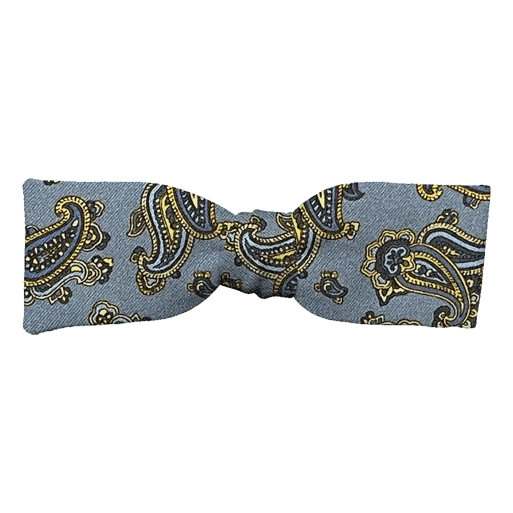 [BT-S-35-E-60-6500] Schleife aus Seide, Form: gerade, Höhe: 35, Stoff: kleines Paisley in blau und gelb auf hellblau (6500) (EASY: vorgebunden mit verstellbarer Größe)
