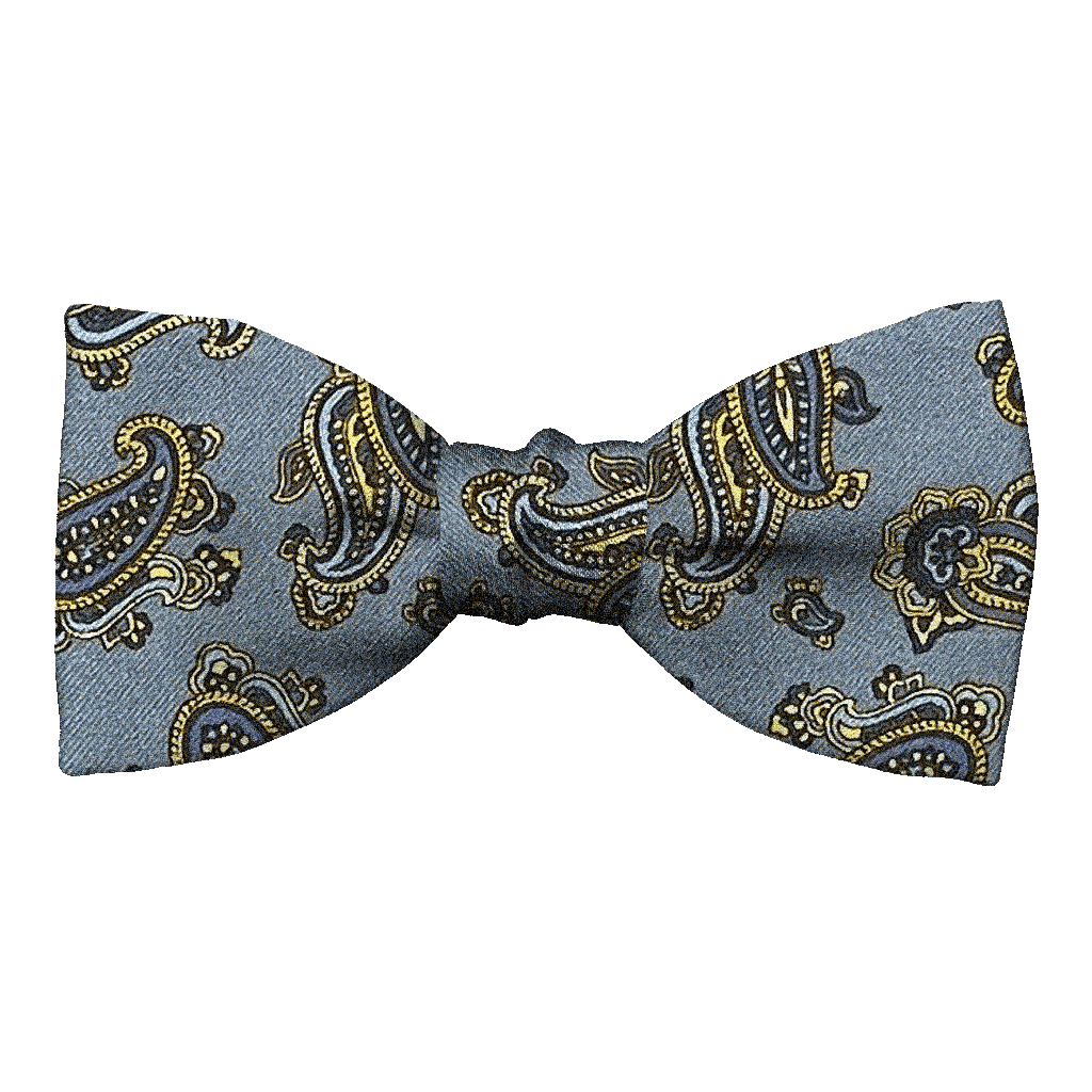 [BT-S-50-E-60-6500] Schleife aus Seide, Form: gerade, Höhe: 50, Stoff: kleines Paisley in blau und gelb auf hellblau (6500) (EASY: vorgebunden mit verstellbarer Größe)
