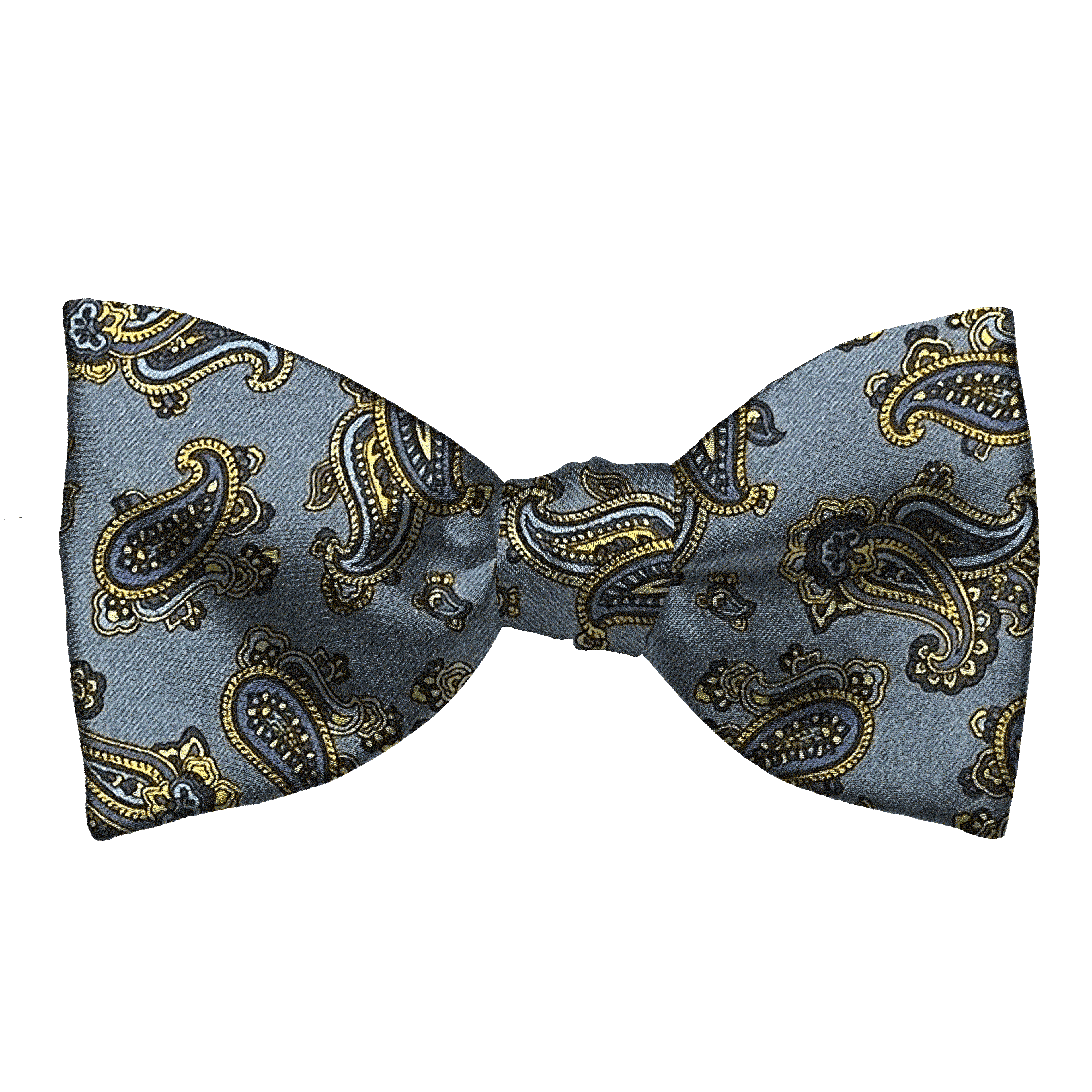 Schleife aus Seide, Form: gerade, Höhe: 65, Stoff: kleines Paisley in blau und gelb auf hellblau (6500)