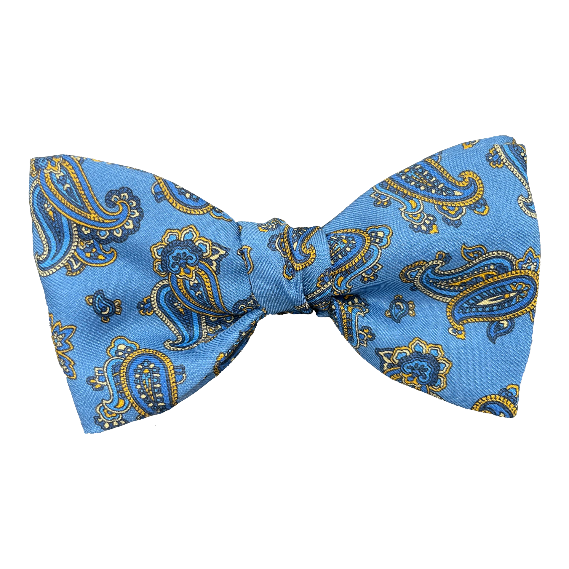 Schleife aus Seide, Form: gerade, Höhe: 65, Stoff: kleines Paisley in blau und gelb auf hellblau (6500)