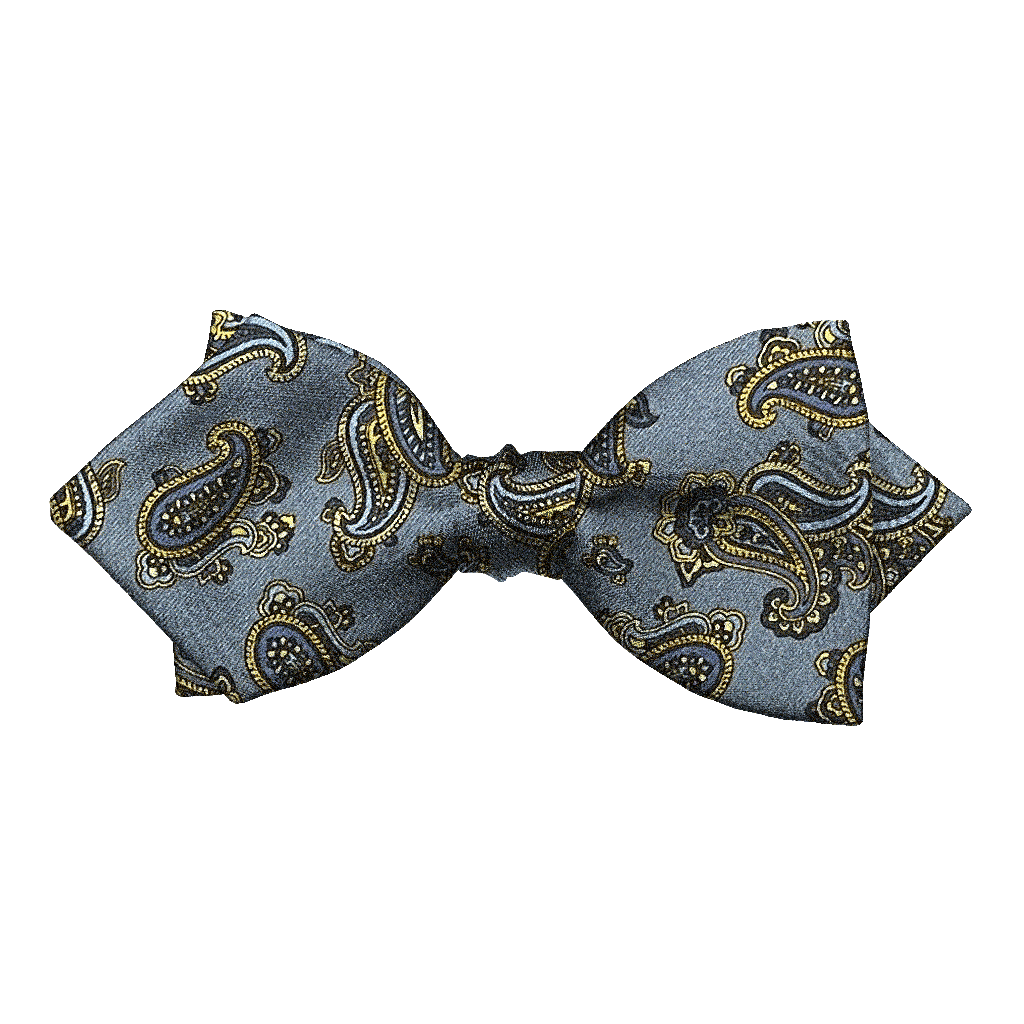 [BT-P-60-E-60-6500] Schleife aus Seide, Form: spitz, Höhe: 60, Stoff: kleines Paisley in blau und gelb auf hellblau (6500) (EASY: vorgebunden mit verstellbarer Größe)