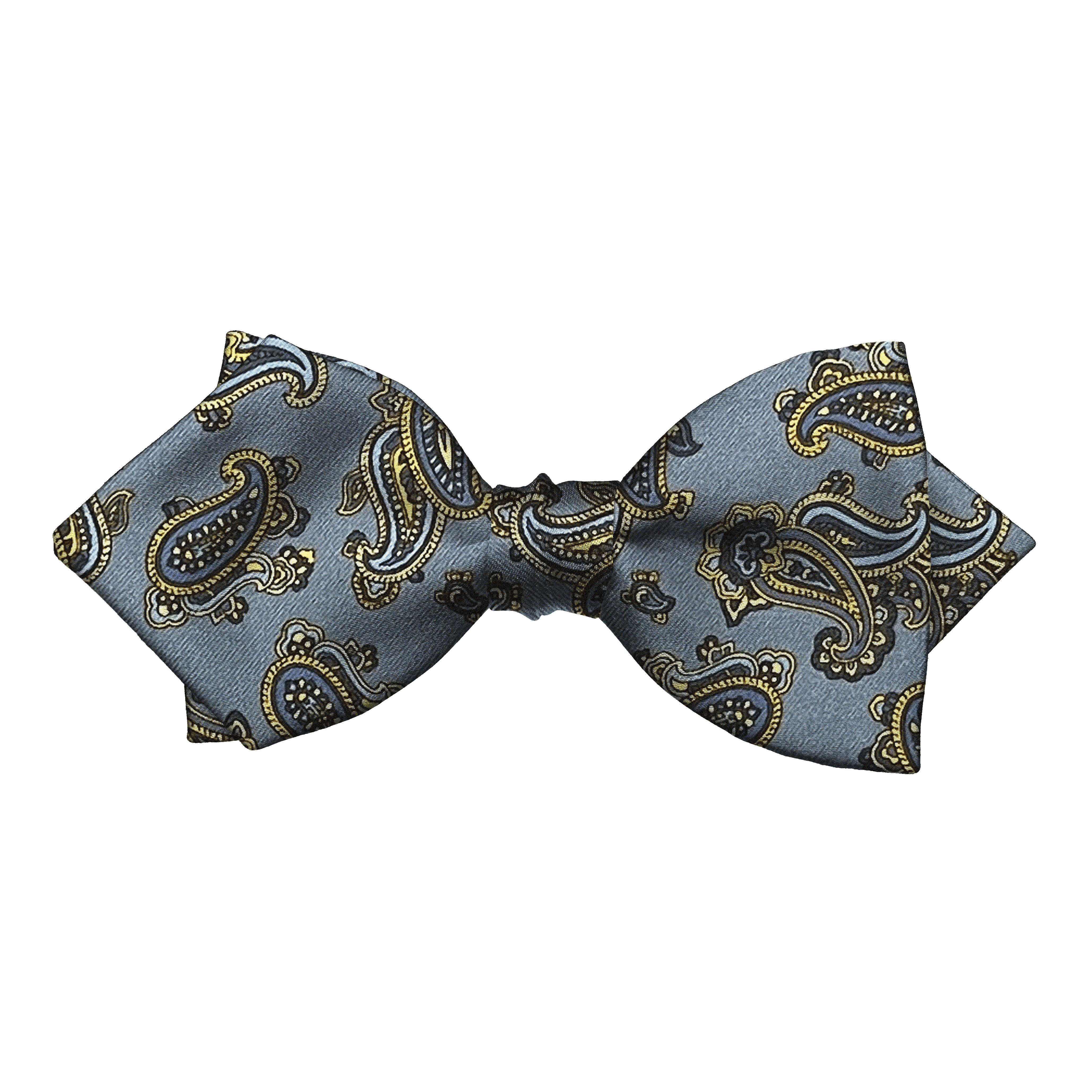 Schleife aus Seide, Form: spitz, Höhe: 60, Stoff: kleines Paisley in blau und gelb auf hellblau (6500)