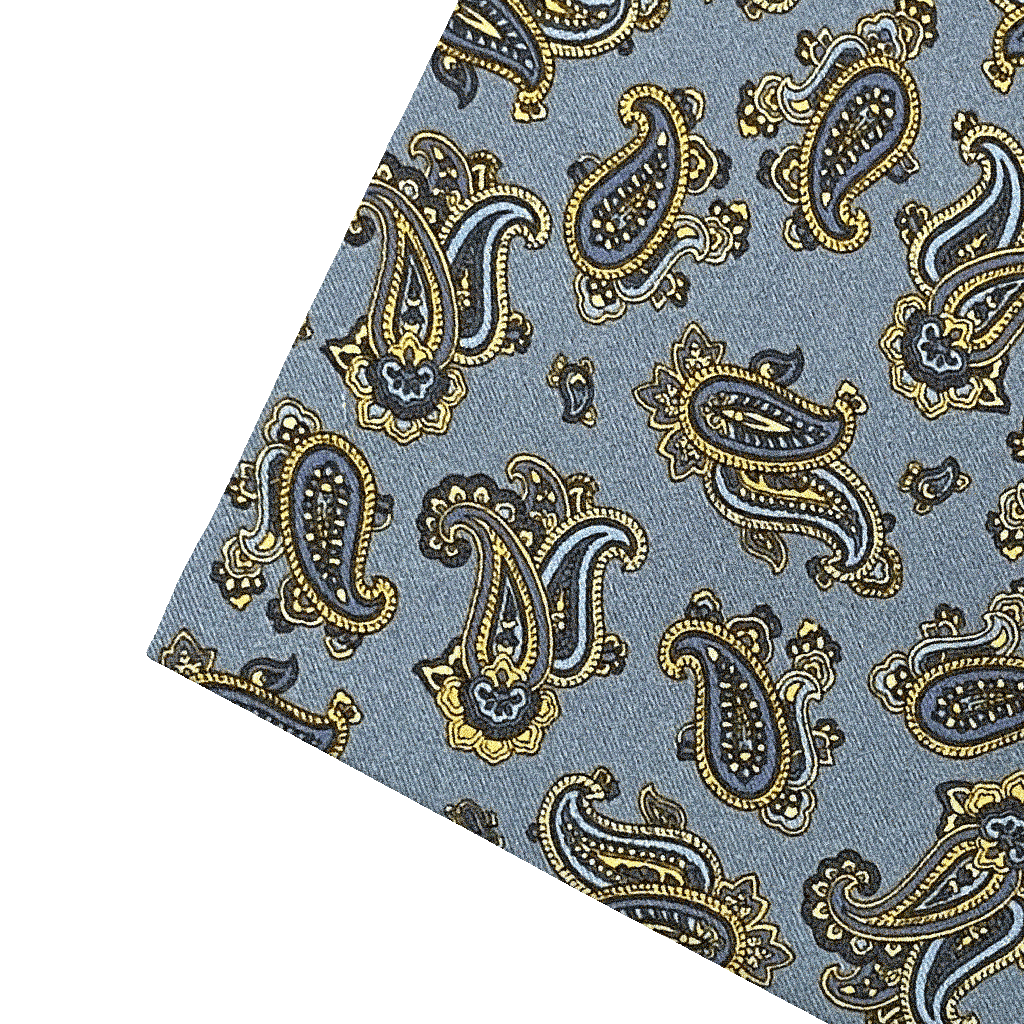[PS-S300-60-6500] Ziertuch aus Seide, 30 x 30 cm, Stoff: kleines Paisley in blau und gelb auf hellblau (6500)