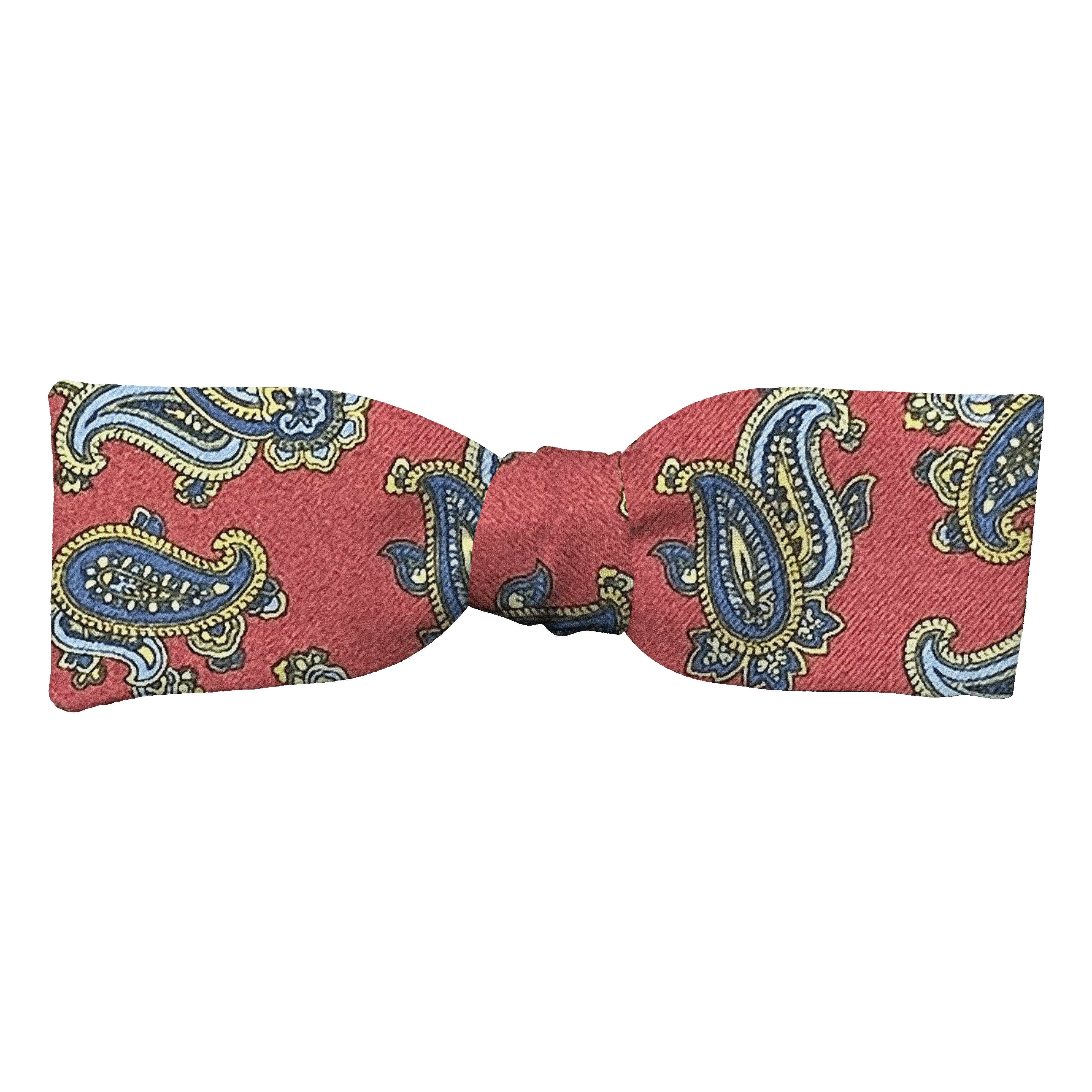 Schleife aus Seide, Form: gerade, Höhe: 35, Stoff: kleines Paisley in blau, gelb und grün auf bordeauxrot (6501)