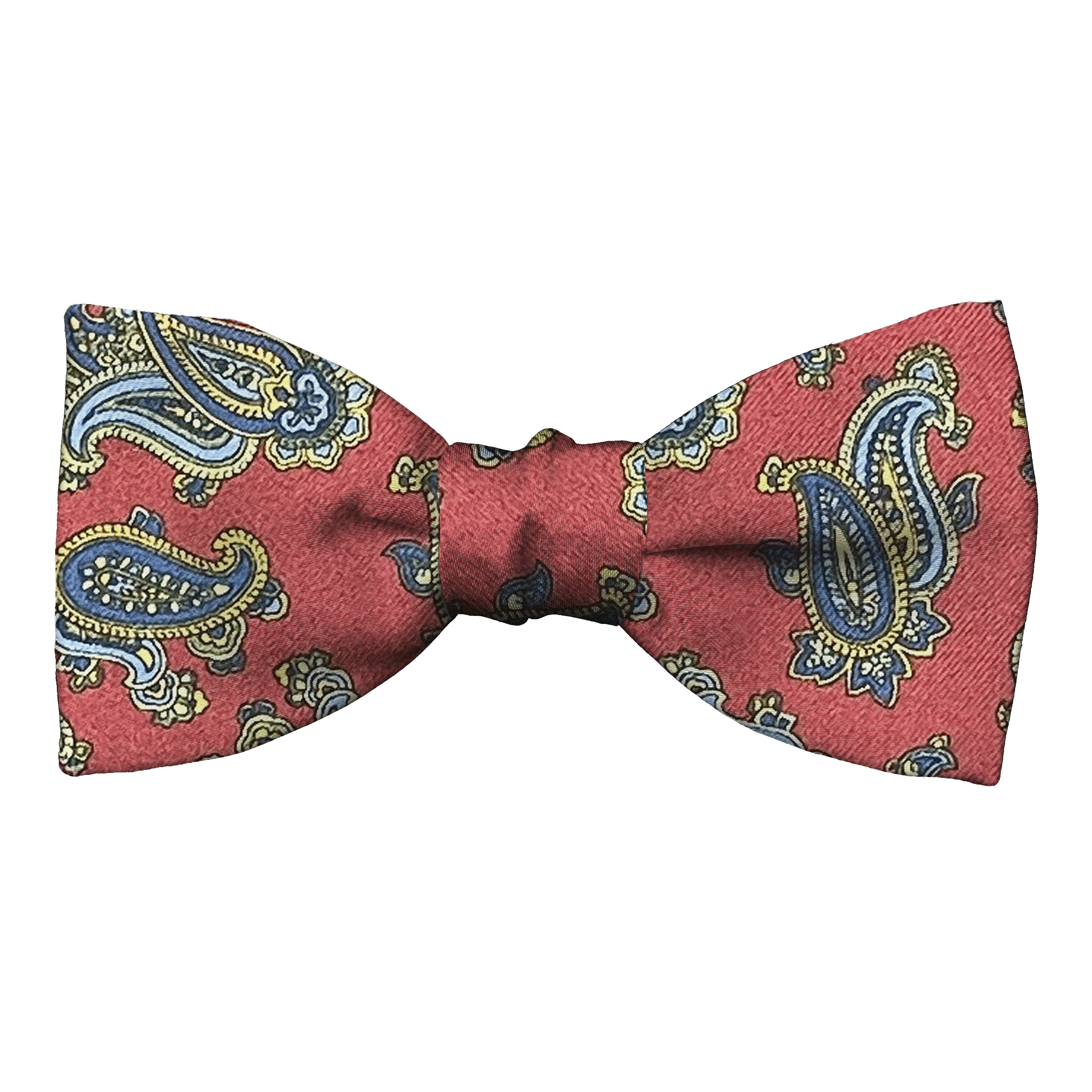 Schleife aus Seide, Form: gerade, Höhe: 50, Stoff: kleines Paisley in blau, gelb und grün auf bordeauxrot (6501)