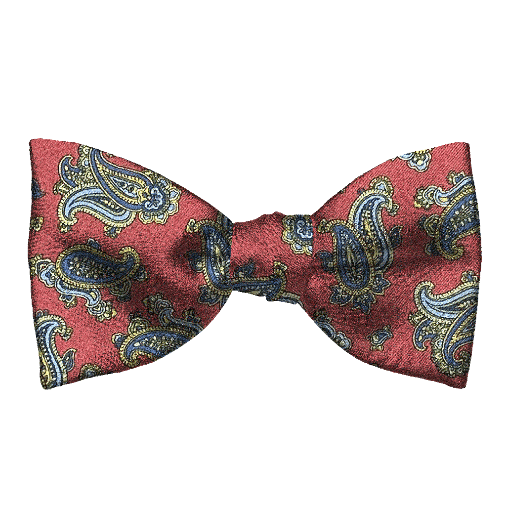 [BT-S-65-E-60-6501] Schleife aus Seide, Form: gerade, Höhe: 65, Stoff: kleines Paisley in blau, gelb und grün auf bordeauxrot (6501) (EASY: vorgebunden mit verstellbarer Größe)