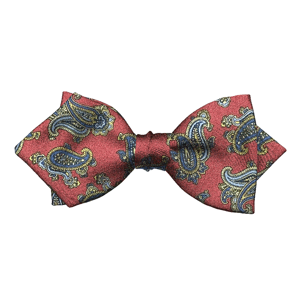[BT-P-60-E-60-6501] Schleife aus Seide, Form: spitz, Höhe: 60, Stoff: kleines Paisley in blau, gelb und grün auf bordeauxrot (6501) (EASY: vorgebunden mit verstellbarer Größe)